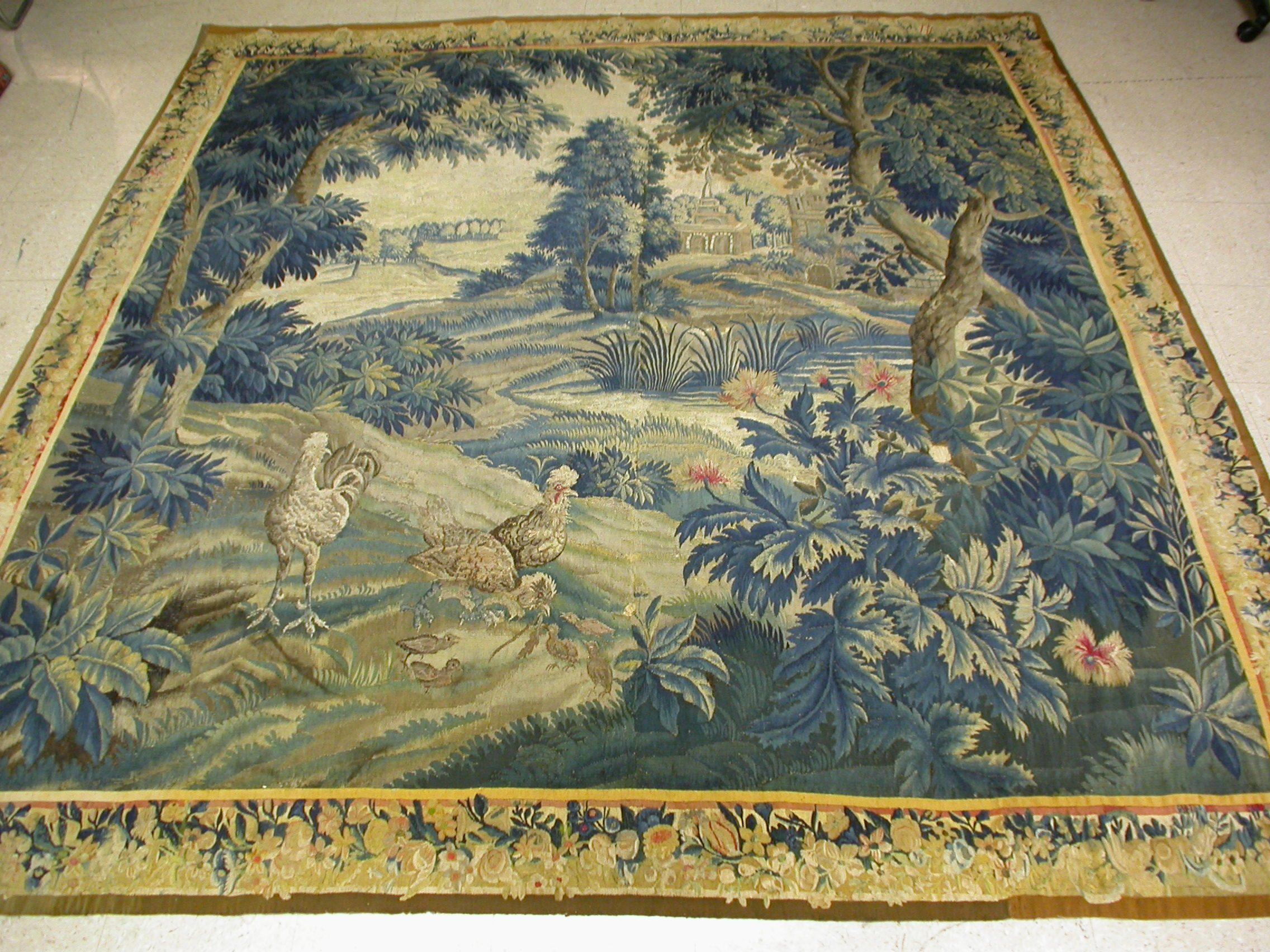 Hand-Woven Antique 18th Square Century Flemish Verdure Green Landscape Tapestry with Birds For Sale