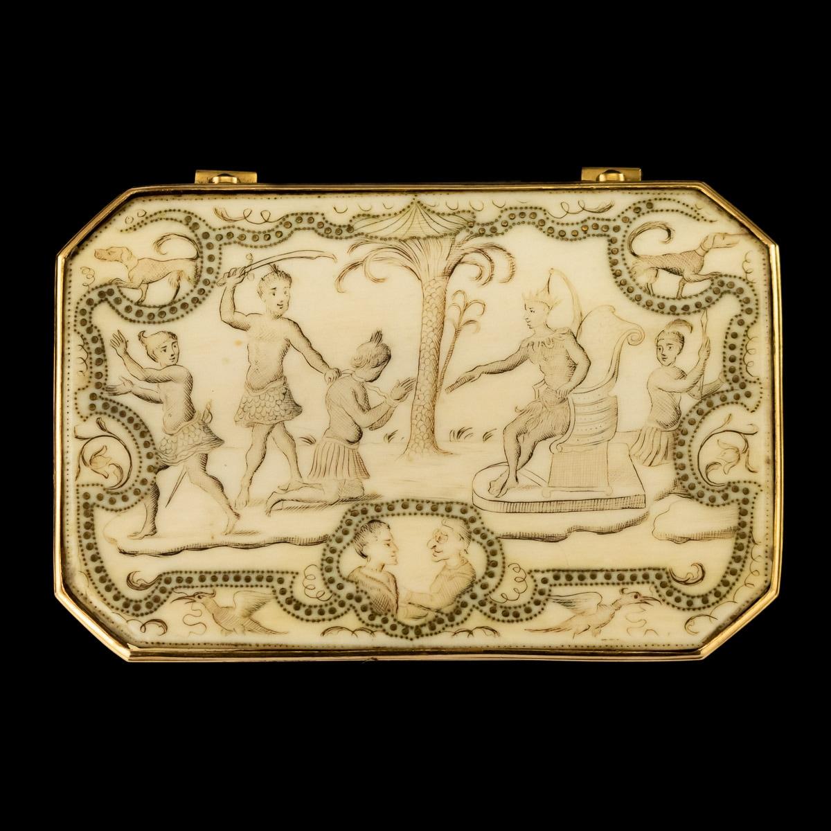 Antique early 18th Century unusual English 18-karat gold mounted snuff box, of rectangular form with cut corners, the front depicting a sacrifice or an execution in front of the South American tribe leader, the edges decorated with brass pique