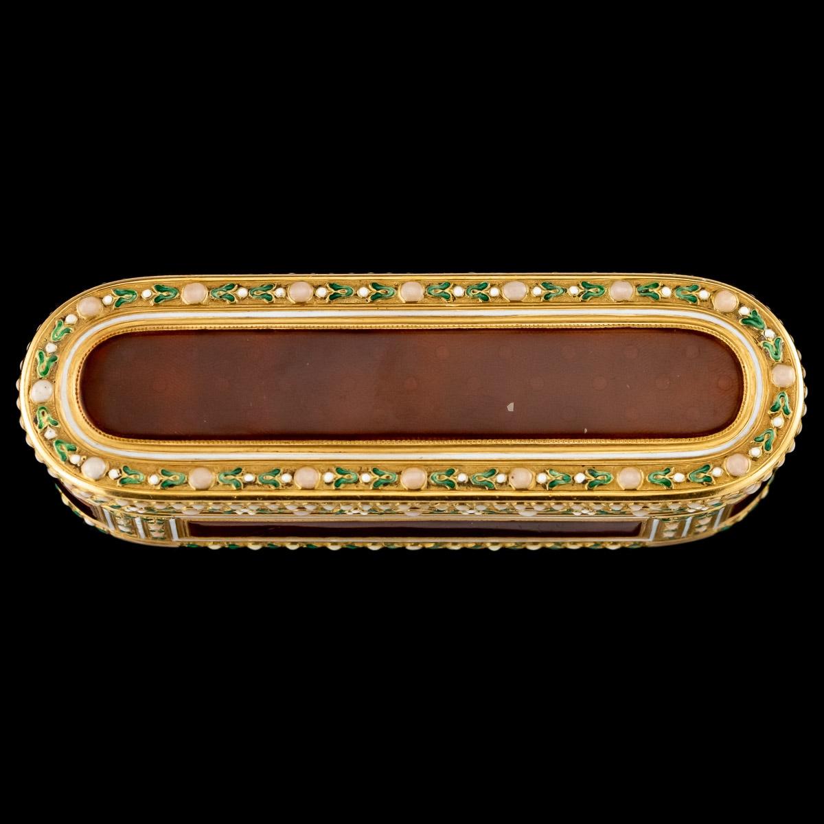 Antique late 18th century French 18-karat gold and enamel snuff box, of oblong shape, lid, sides and base applied with translucent red or amber enamel panels over a spot and wavy engine-turned ground, the borders chased and enameled with simulated