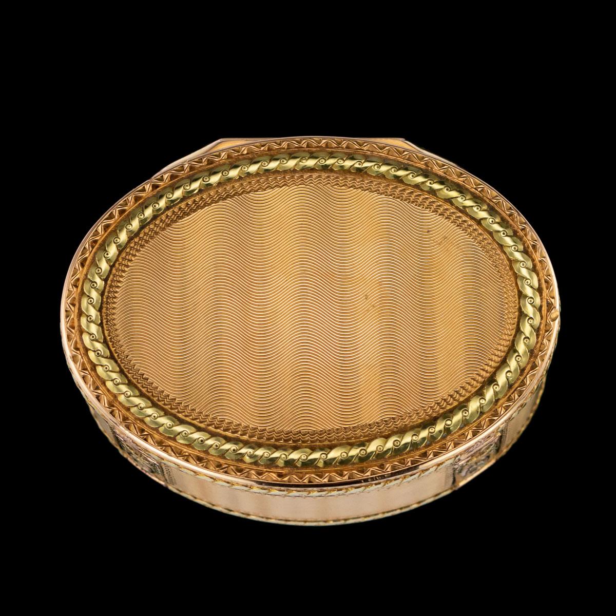 Antique 18th century French magnificent three-coloured 18-karat gold snuff box, of oval form, engine turned, sides chased with floral decorations in reserves and interwoven ribbon boarders. Hallmarked with French hallmarks, Paris, 1769-1770, Maker