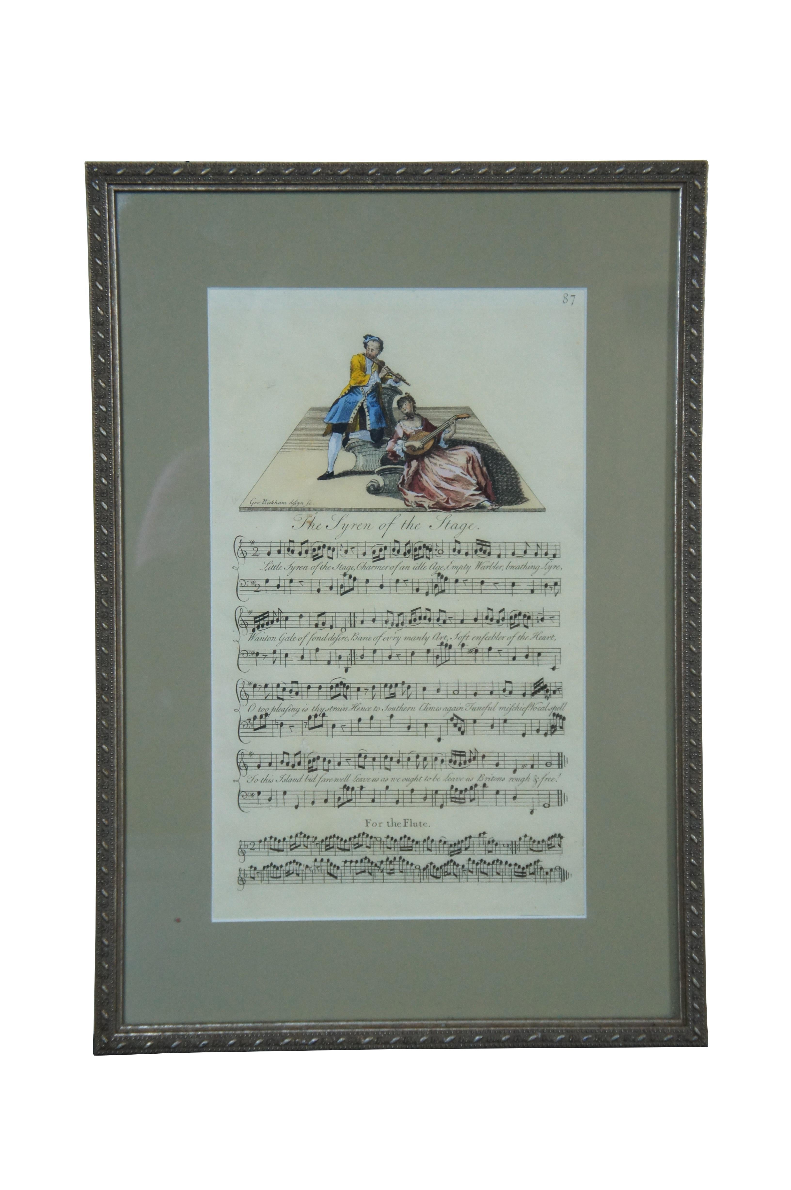 Pair of mid 18th century (1740s) colored sheets of music illustrated by George Bickham - The Syren of the Stage, showing a male and female pair of figures playing flute and mandolin, and Love's Bacchanal, showing a pair of male figures on an elegant