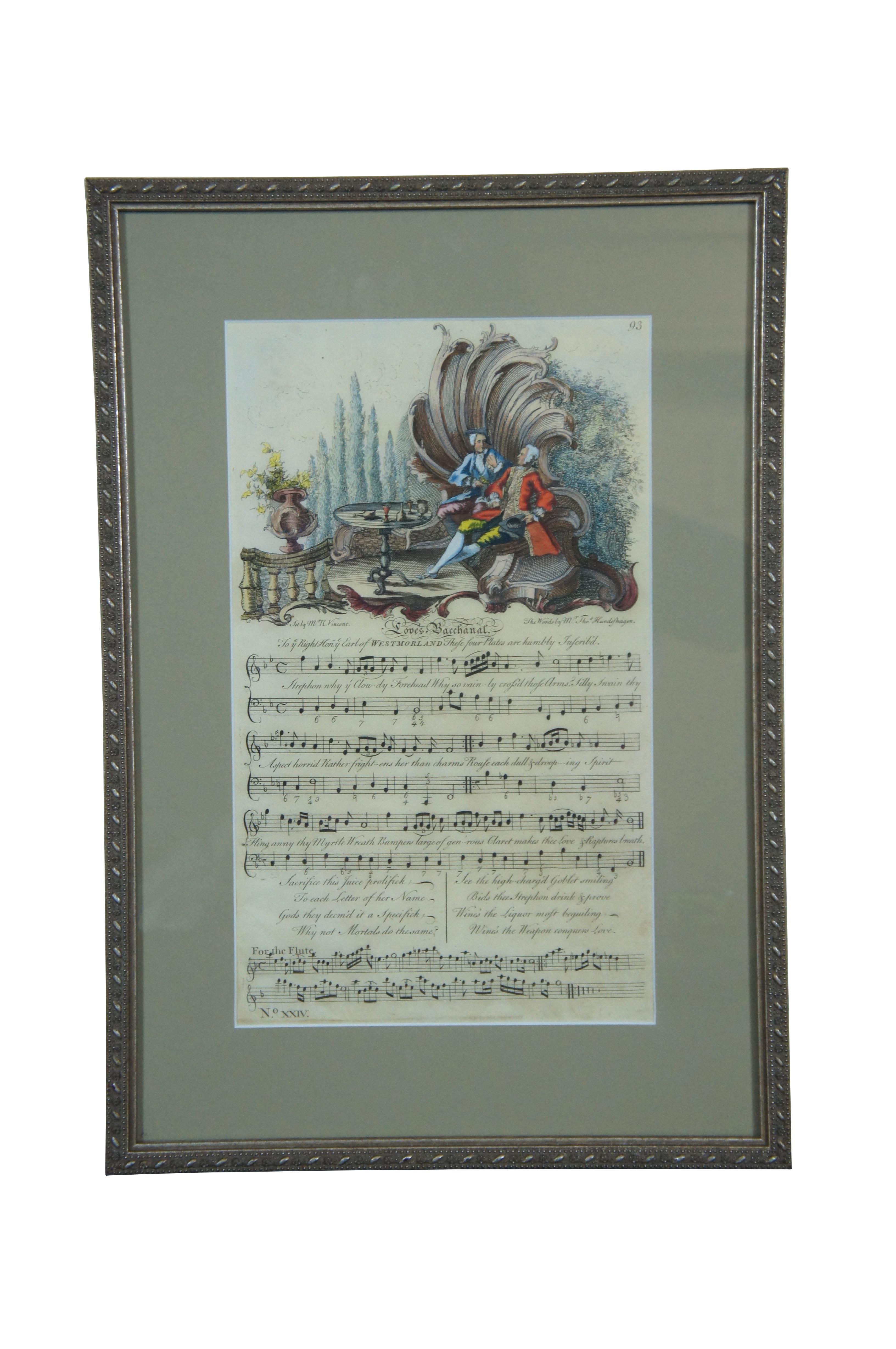 Antique 18thC George Bickham Illustrated Sheet Music Stage Syren Loves Bacchanal In Good Condition For Sale In Dayton, OH