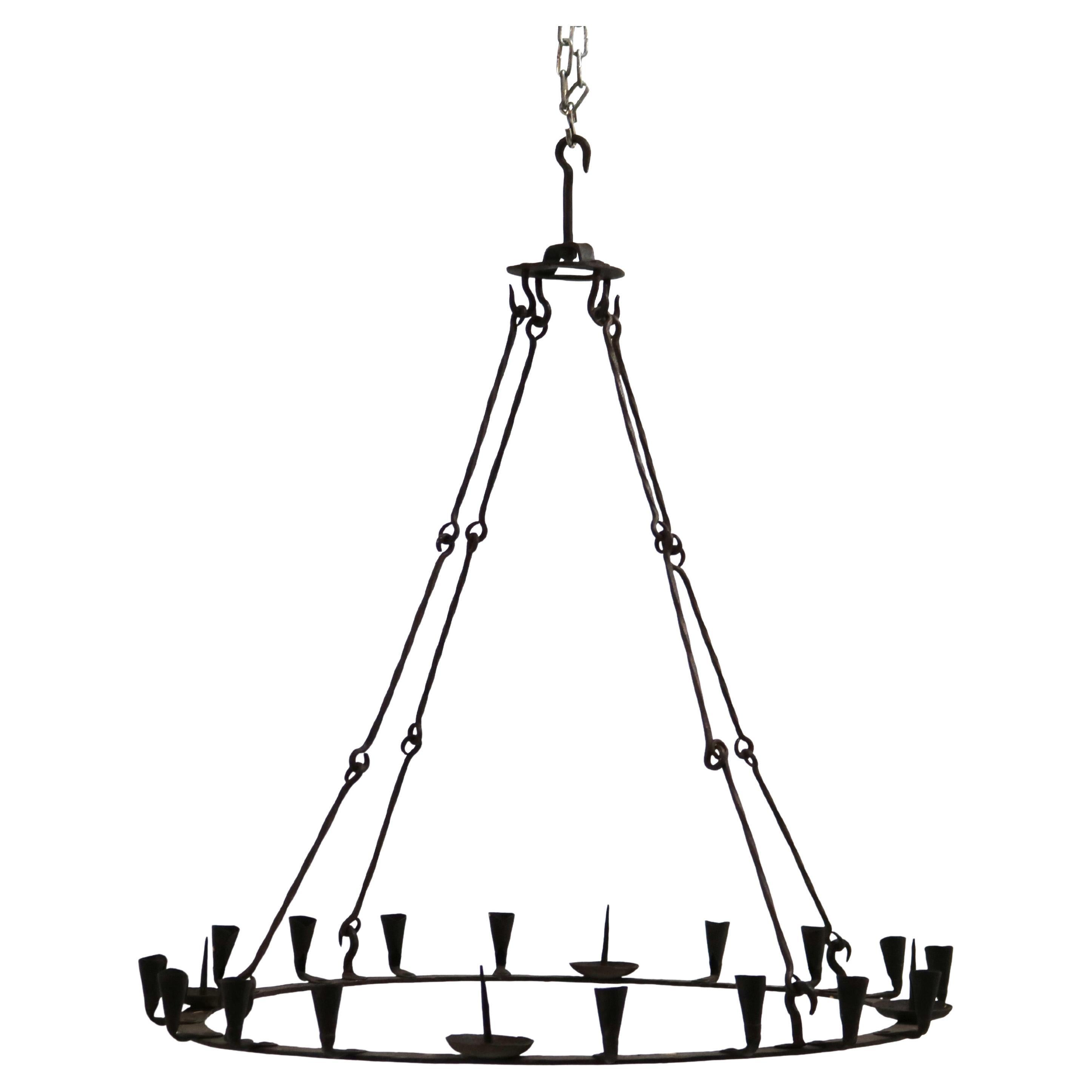 Antique 18thC Gothic Wrought Iron Hanging Circular Candelabra C1750