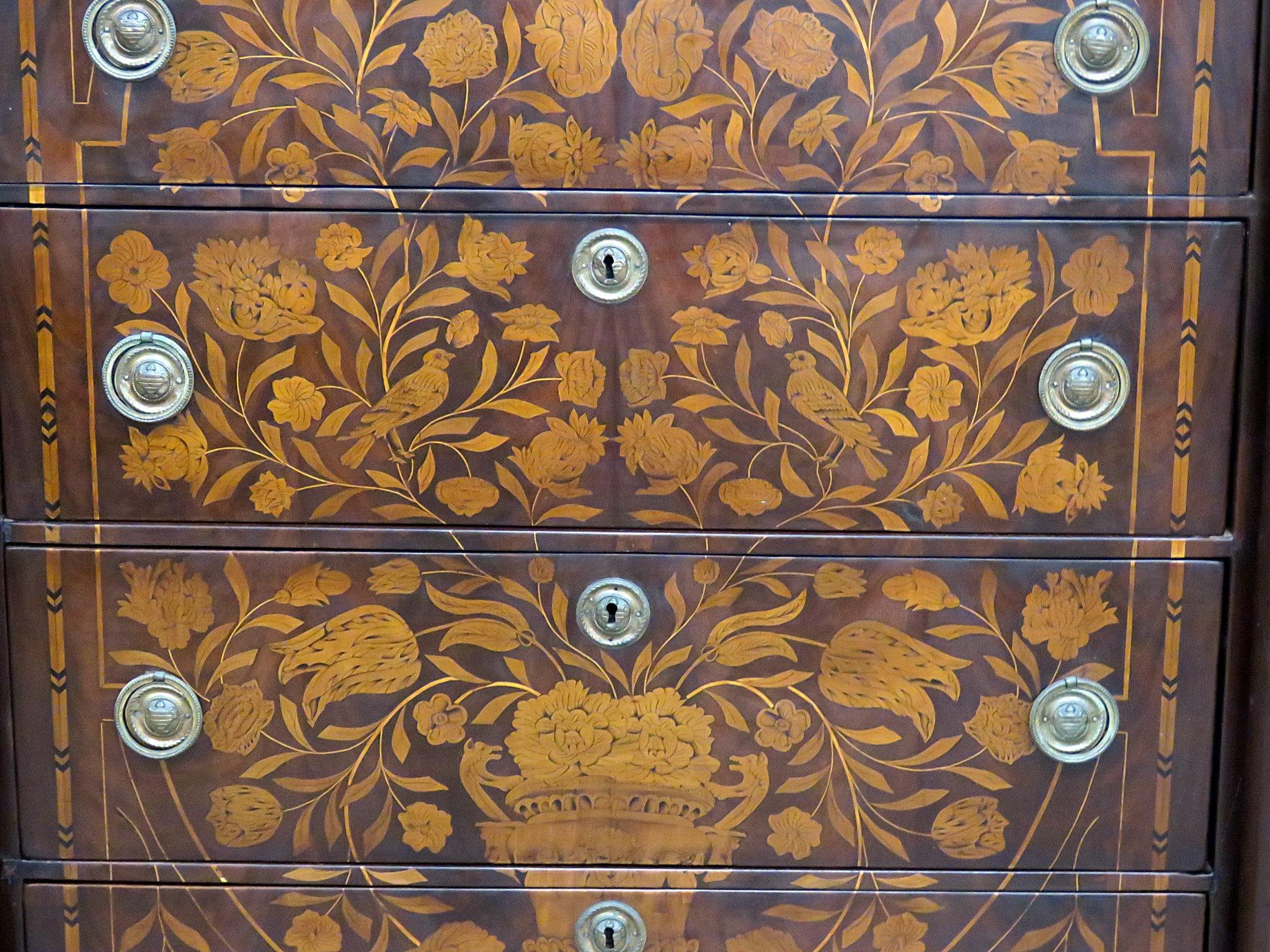 Antique 18th century inlaid 6-drawer highboy.