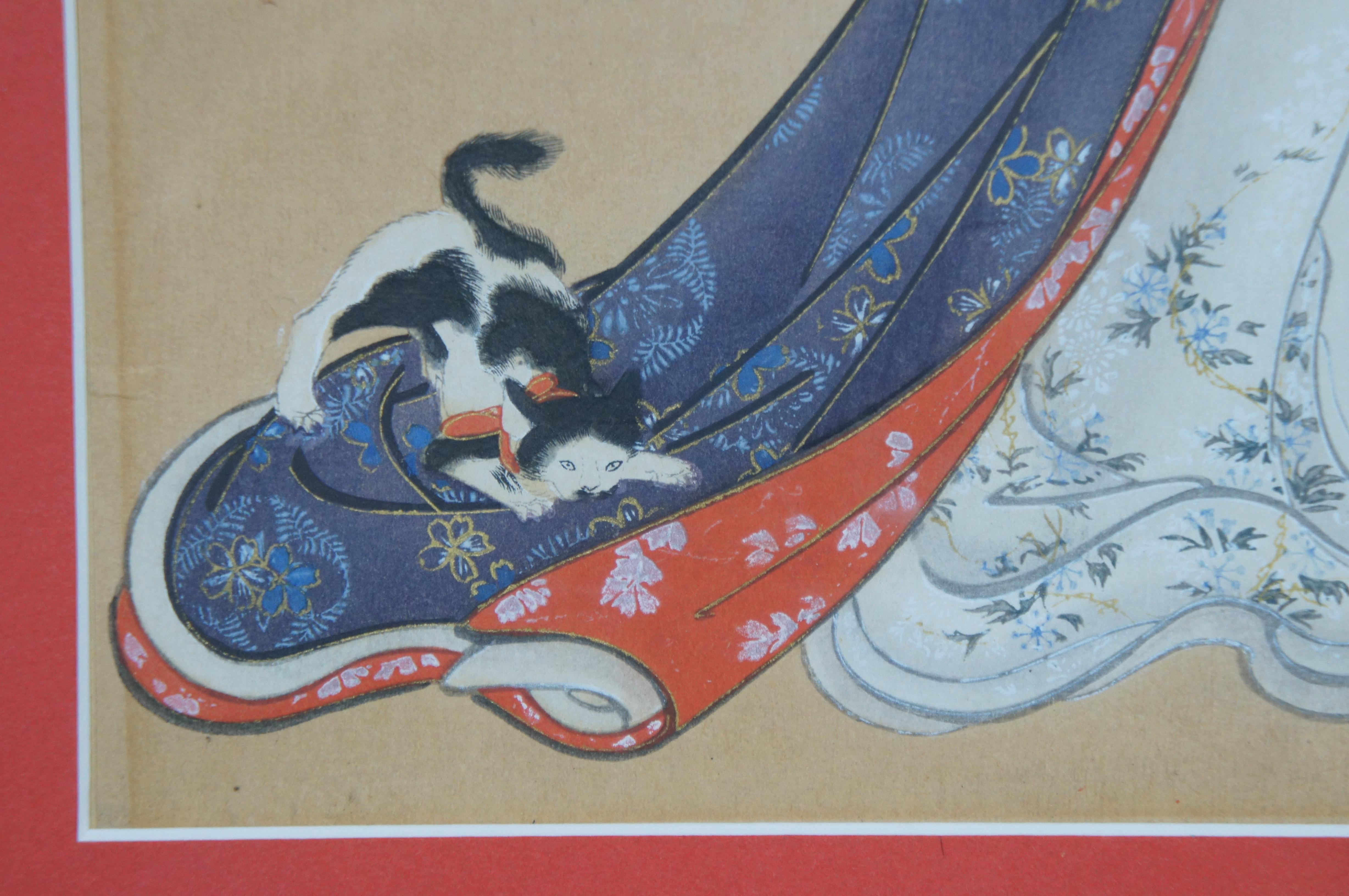Antike 18. Jahrhundert japanischen Katsukawa Shunsho Schönheit mit einer Katze Holzschnitt drucken  im Angebot 4