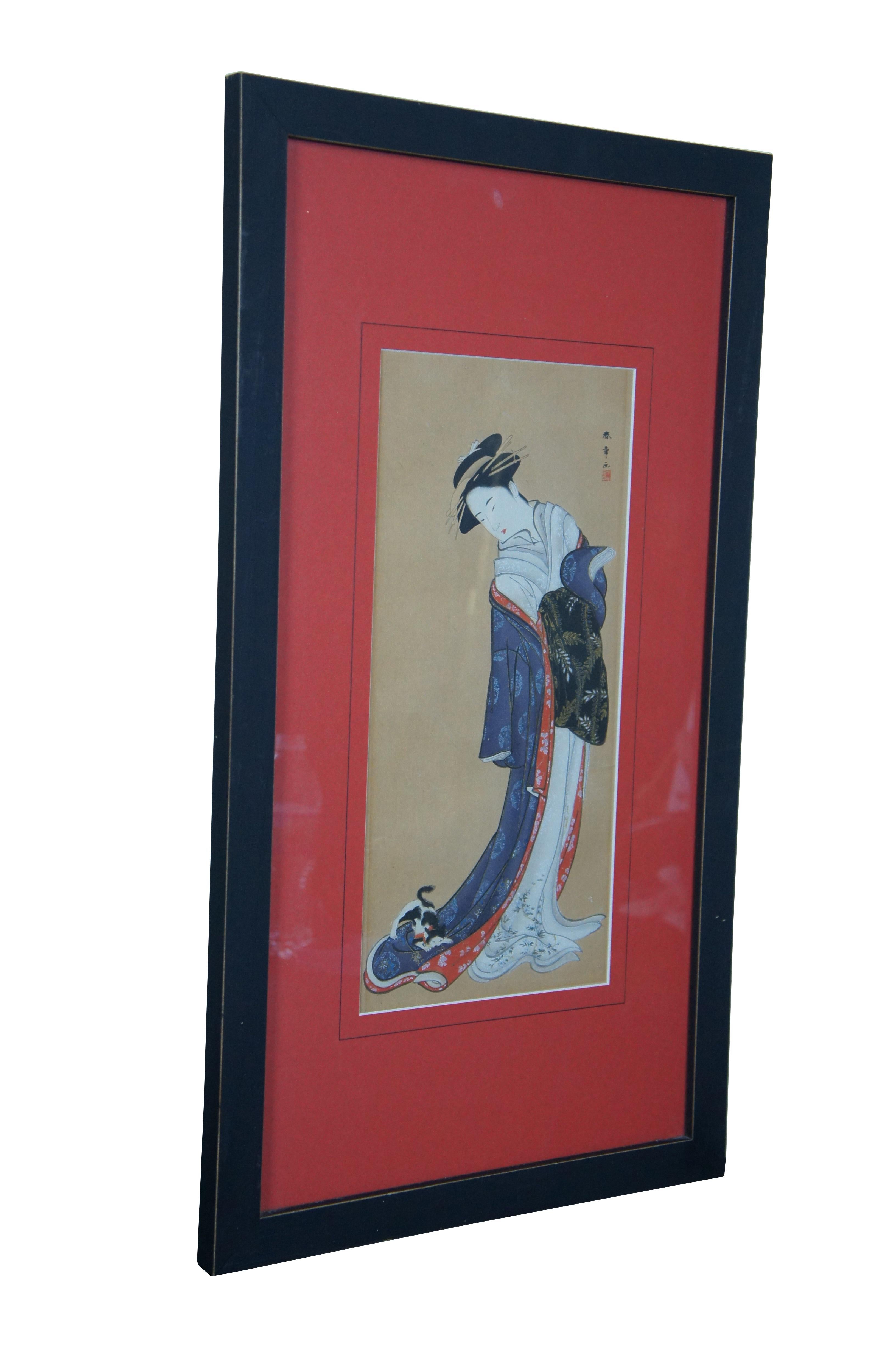 Japonisme Antique 18thC Japanese Katsukawa Shunsho Beauty with a Cat Woodblock Print  For Sale