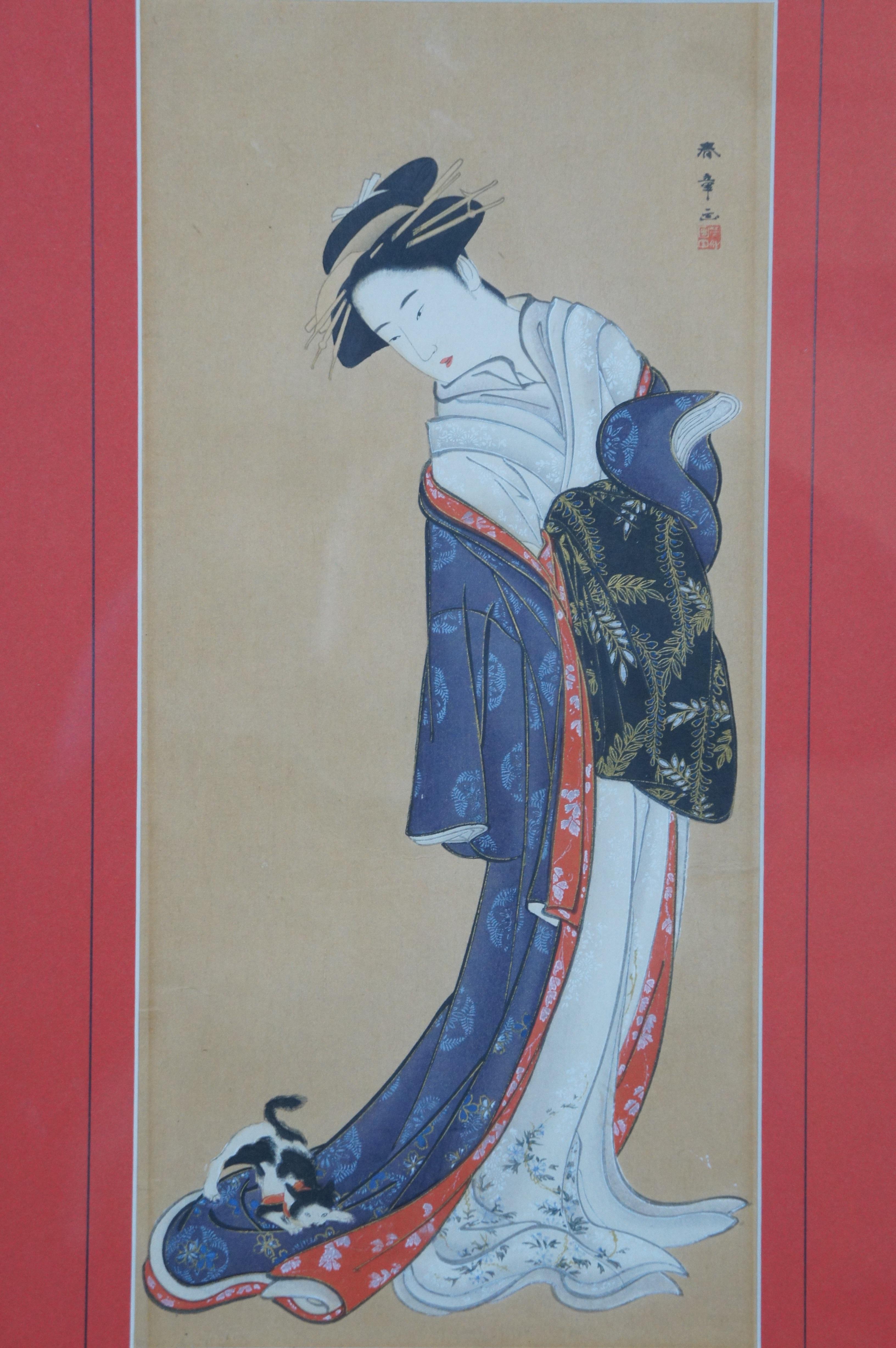 Antike 18. Jahrhundert japanischen Katsukawa Shunsho Schönheit mit einer Katze Holzschnitt drucken  (Papier) im Angebot
