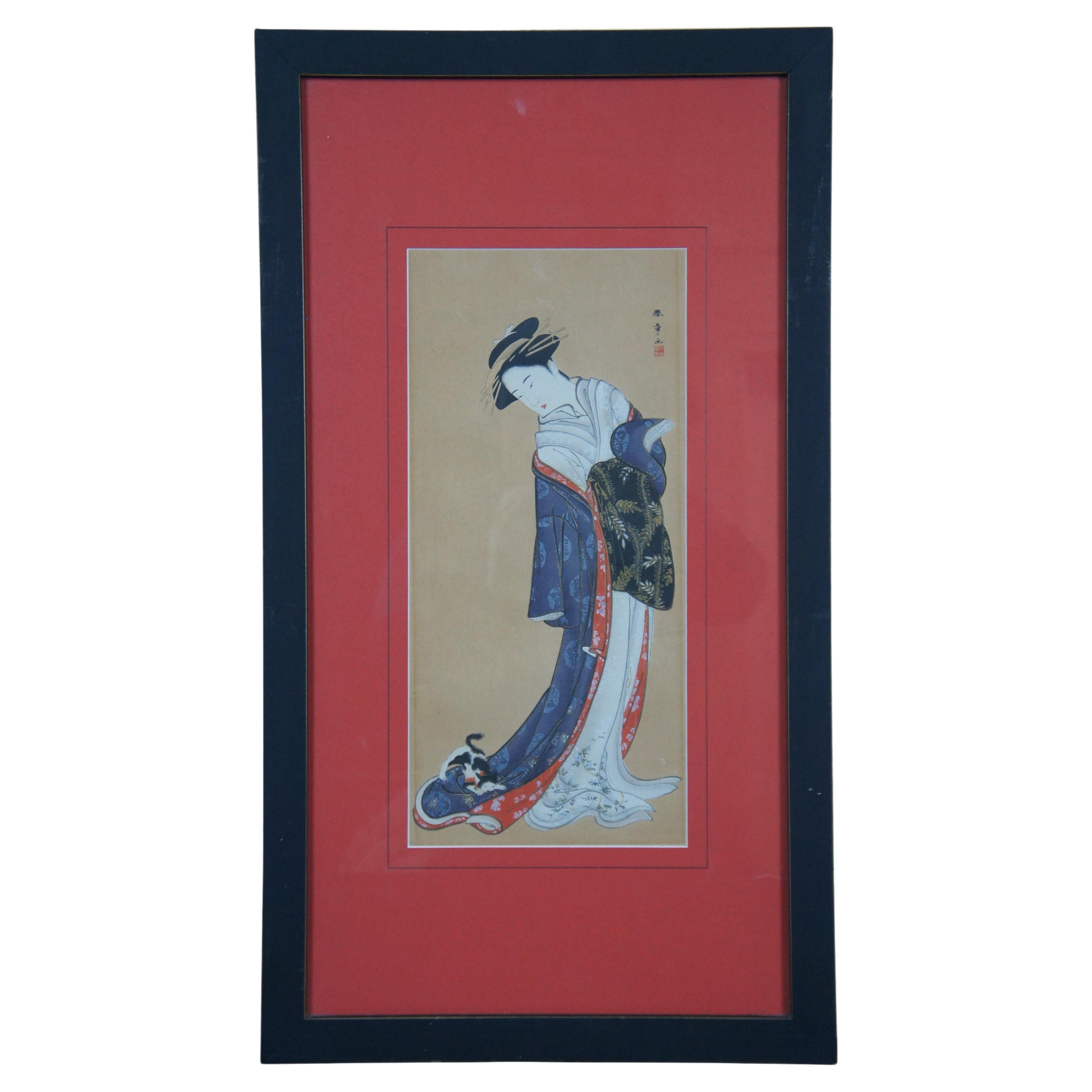 Antique 18thC Japanese Katsukawa Shunsho Beauty with a Cat Woodblock Print 