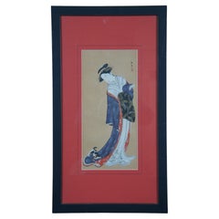 Antique 18thC Japanese Katsukawa Shunsho Beauty with a Cat Woodblock Print 