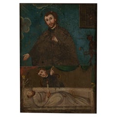 Antique 18thC Spanish Colonial Icon Painting Retablo St. Camillus & Christ 1760