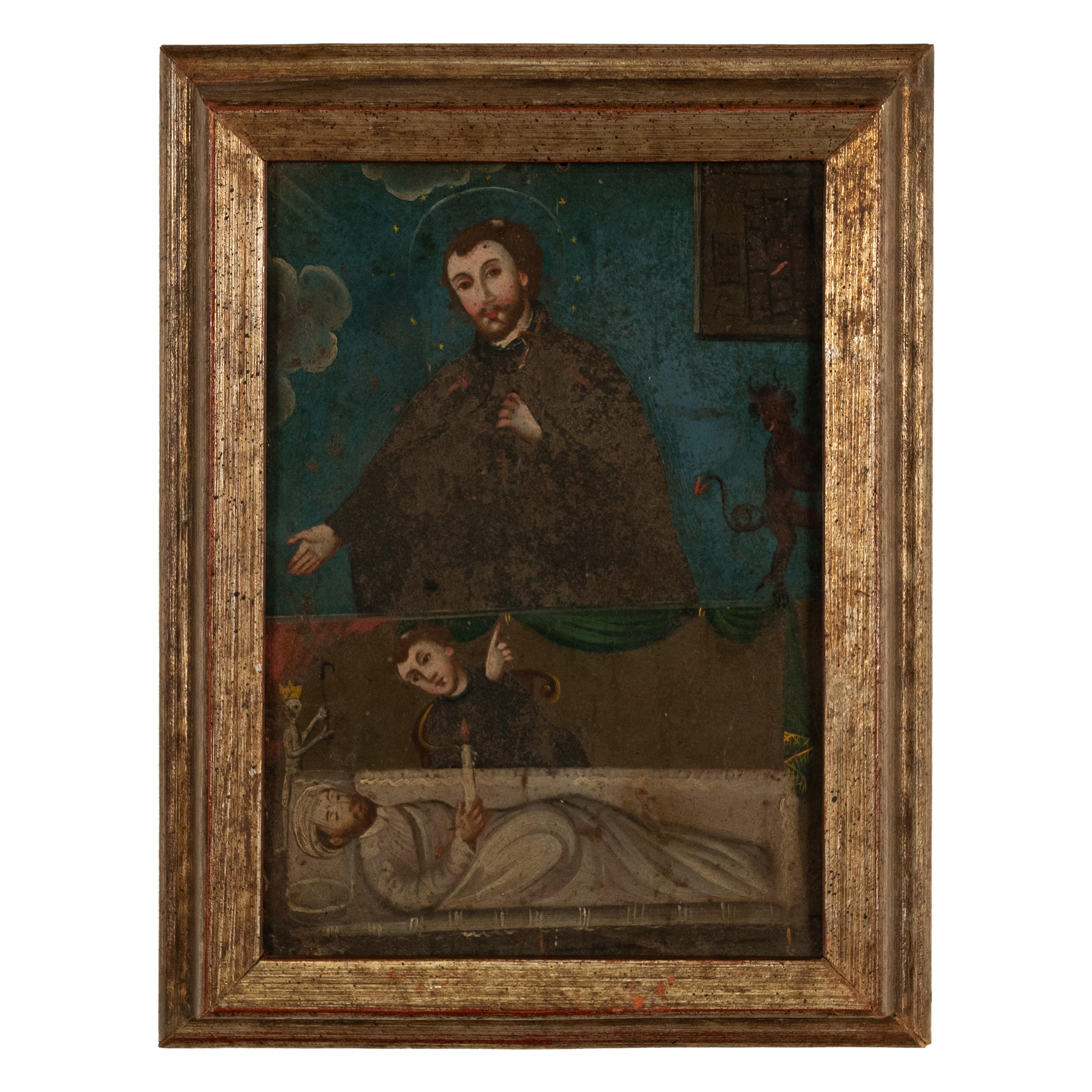 Antique 18thC Spanish Colonial Icon Painting Retablo St. Camillus & Christ 1760