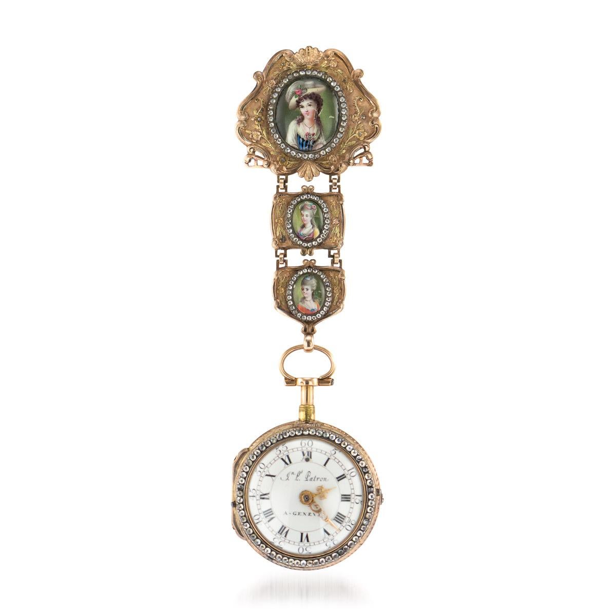 Antique 18th century Swiss highly rare and decorative 18-karat vari-coloured gold, hand painted enamel and diamond-set, open face verge watch with chatelaine. Gilt-finished verge movement, chain fusée, the removable watch case centred with a hand
