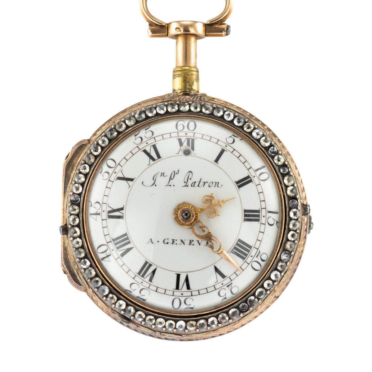 18th Century and Earlier Antique Swiss 18k Gold & Enamel, Diamond Open-Faced Verge Watch, circa 1770