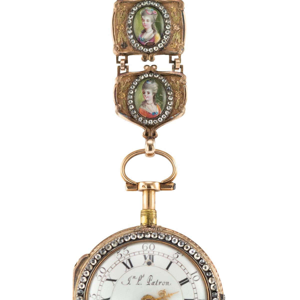Antique Swiss 18k Gold & Enamel, Diamond Open-Faced Verge Watch, circa 1770 1