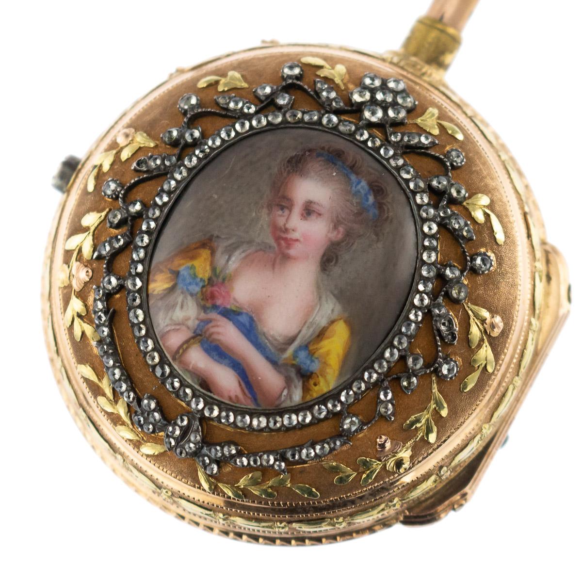 Antique Swiss 18k Gold & Enamel, Diamond Open-Faced Verge Watch, circa 1770 4