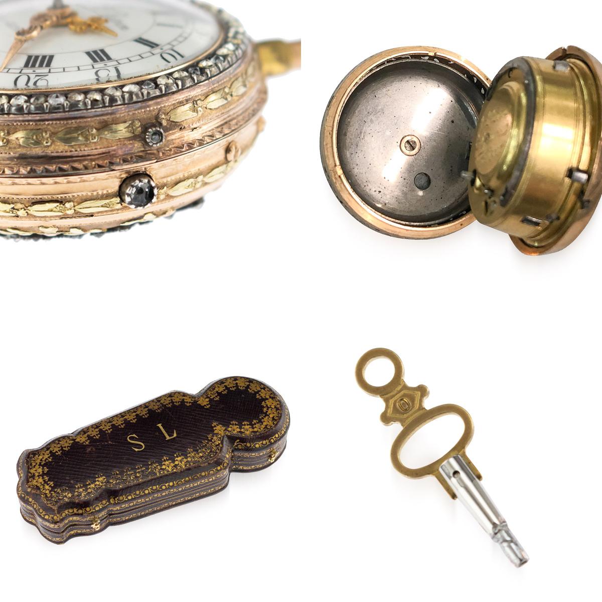 Antique Swiss 18k Gold & Enamel, Diamond Open-Faced Verge Watch, circa 1770 5