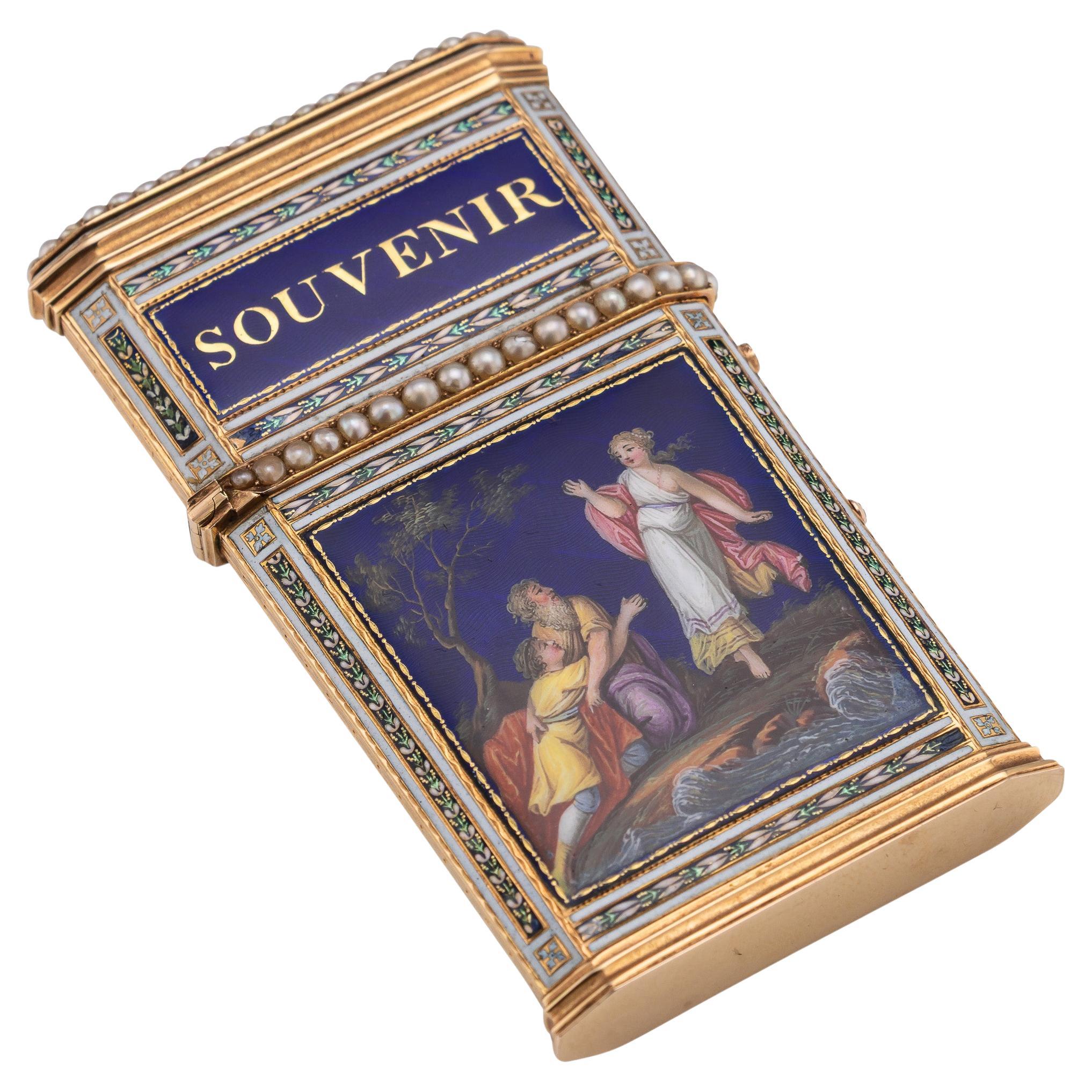 Antico cofanetto Aide Memoire "Souvenir" svizzero del XVIII secolo in oro, smalto e perle di mare C.C. in vendita