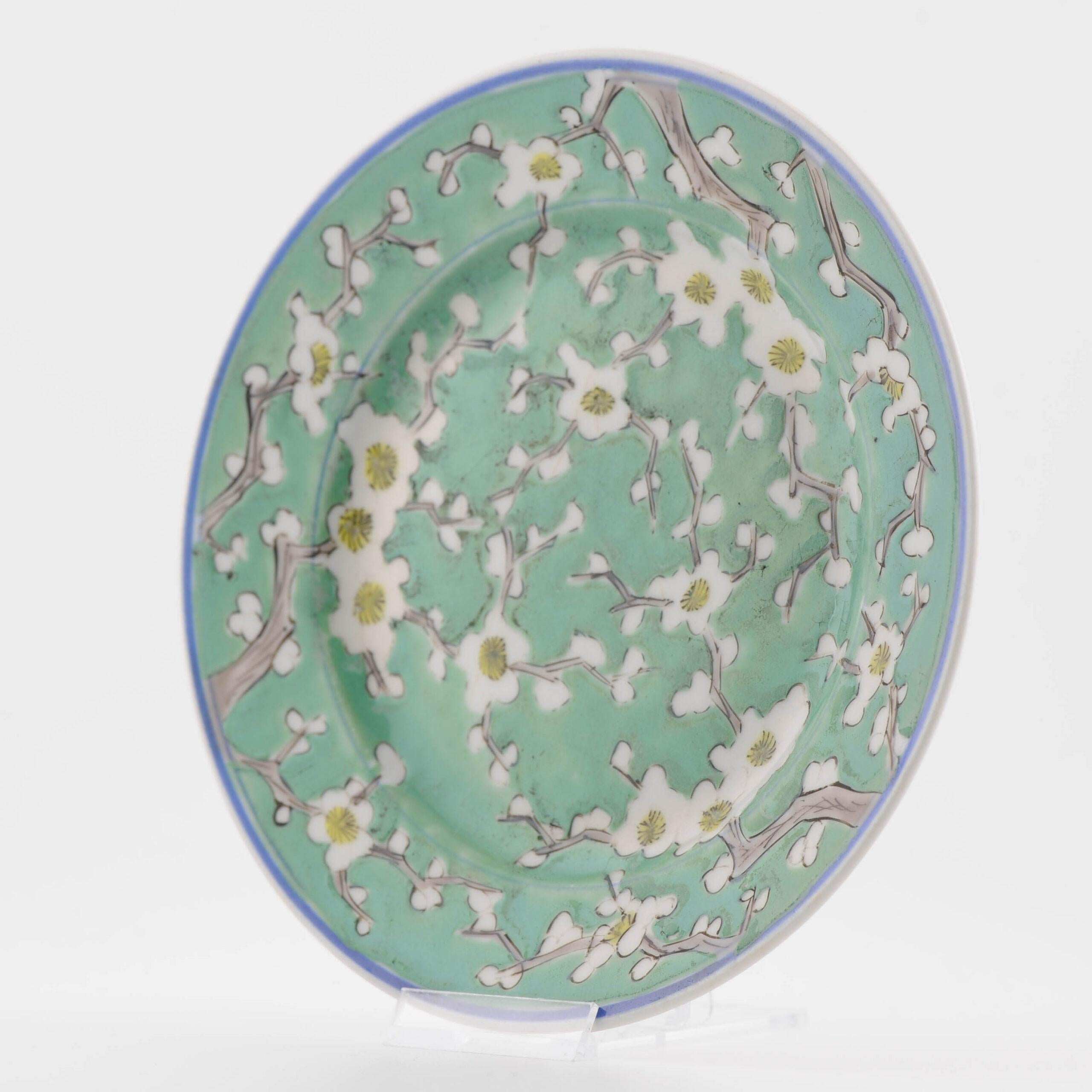 Antique 19/20C Japanese Porcelain Plate Flowers Prunus Green Fukagawa Seiji For Sale 5