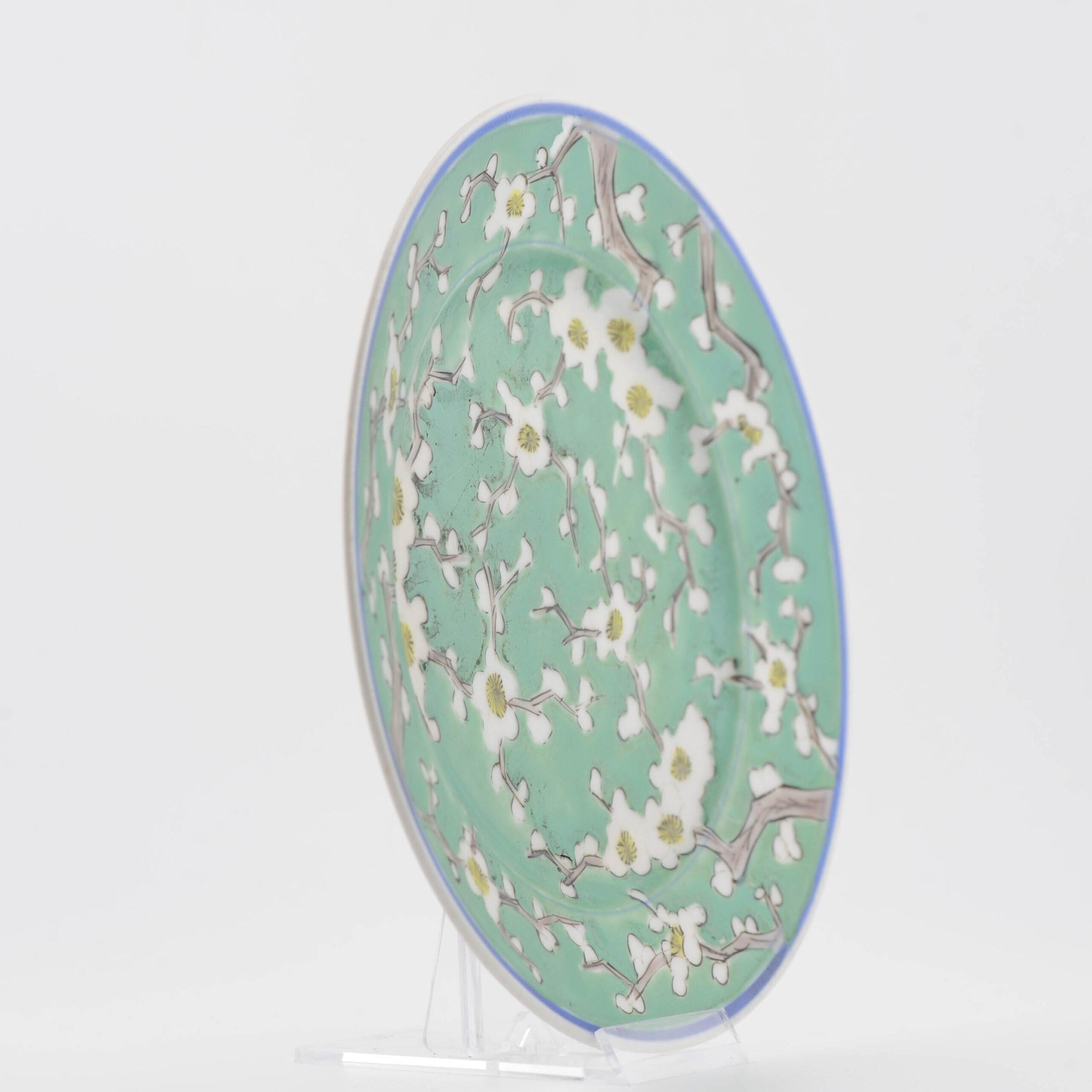 Antique 19/20C Japanese Porcelain Plate Flowers Prunus Green Fukagawa Seiji For Sale 6