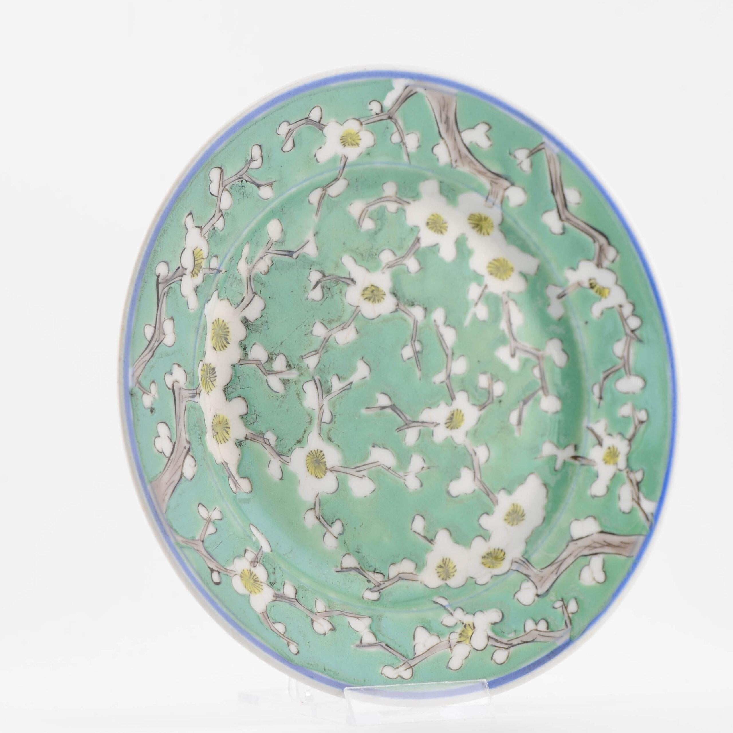 19th Century Antique 19/20C Japanese Porcelain Plate Flowers Prunus Green Fukagawa Seiji For Sale