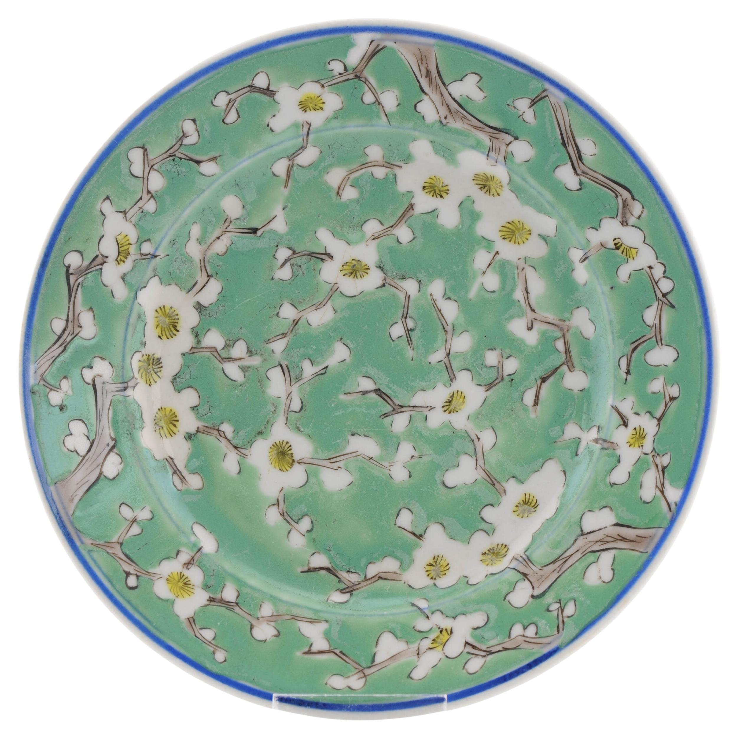 Antique 19/20C Japanese Porcelain Plate Flowers Prunus Green Fukagawa Seiji For Sale
