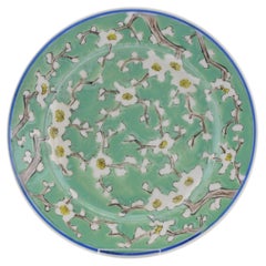 Antique 19/20C Japanese Porcelain Plate Flowers Prunus Green Fukagawa Seiji