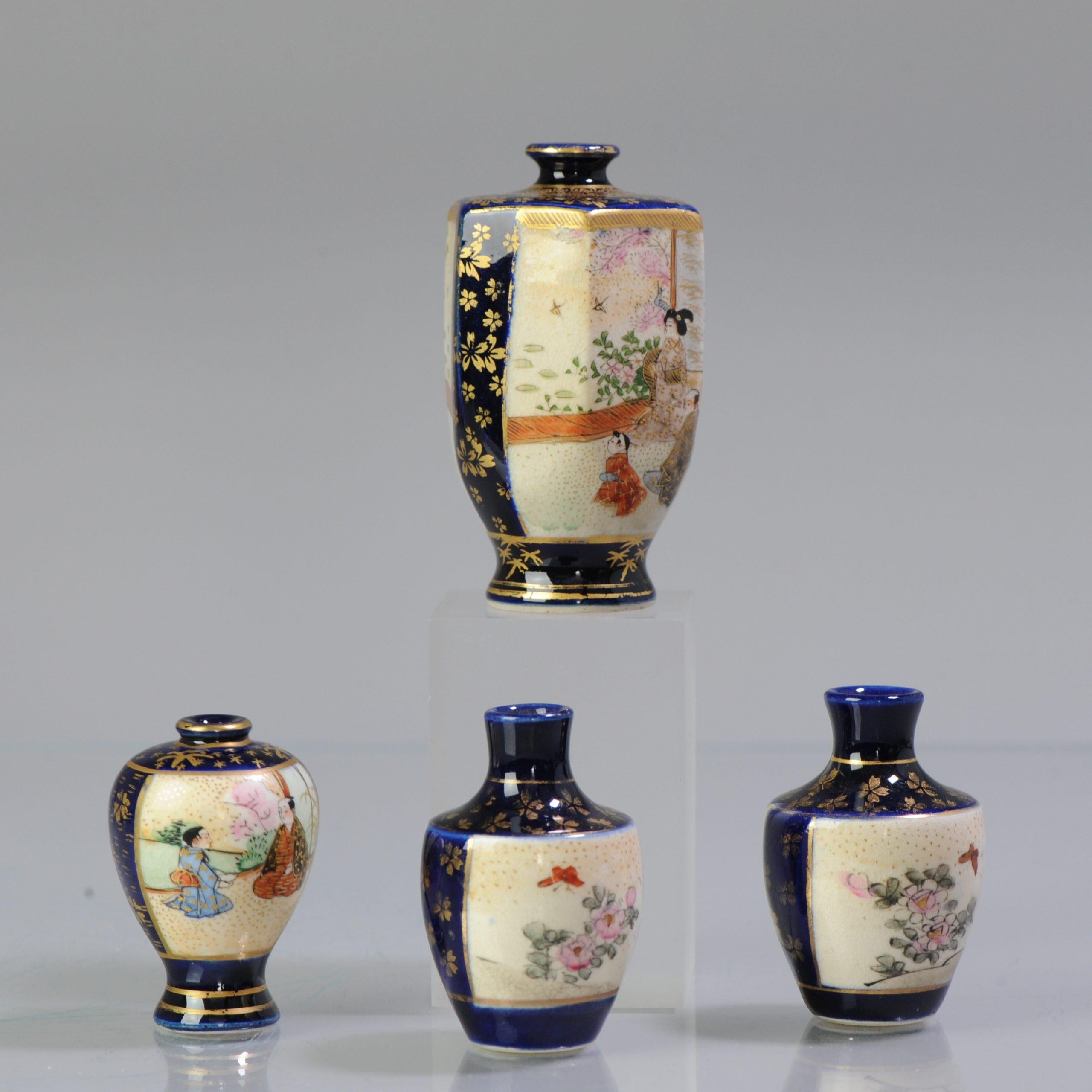 Description
A group of Japanese Satsuma Kyo Satsuma vases, Meiji period
Decorated with figures at various pursuits in landscapes/pagodes within dark blue and gilt