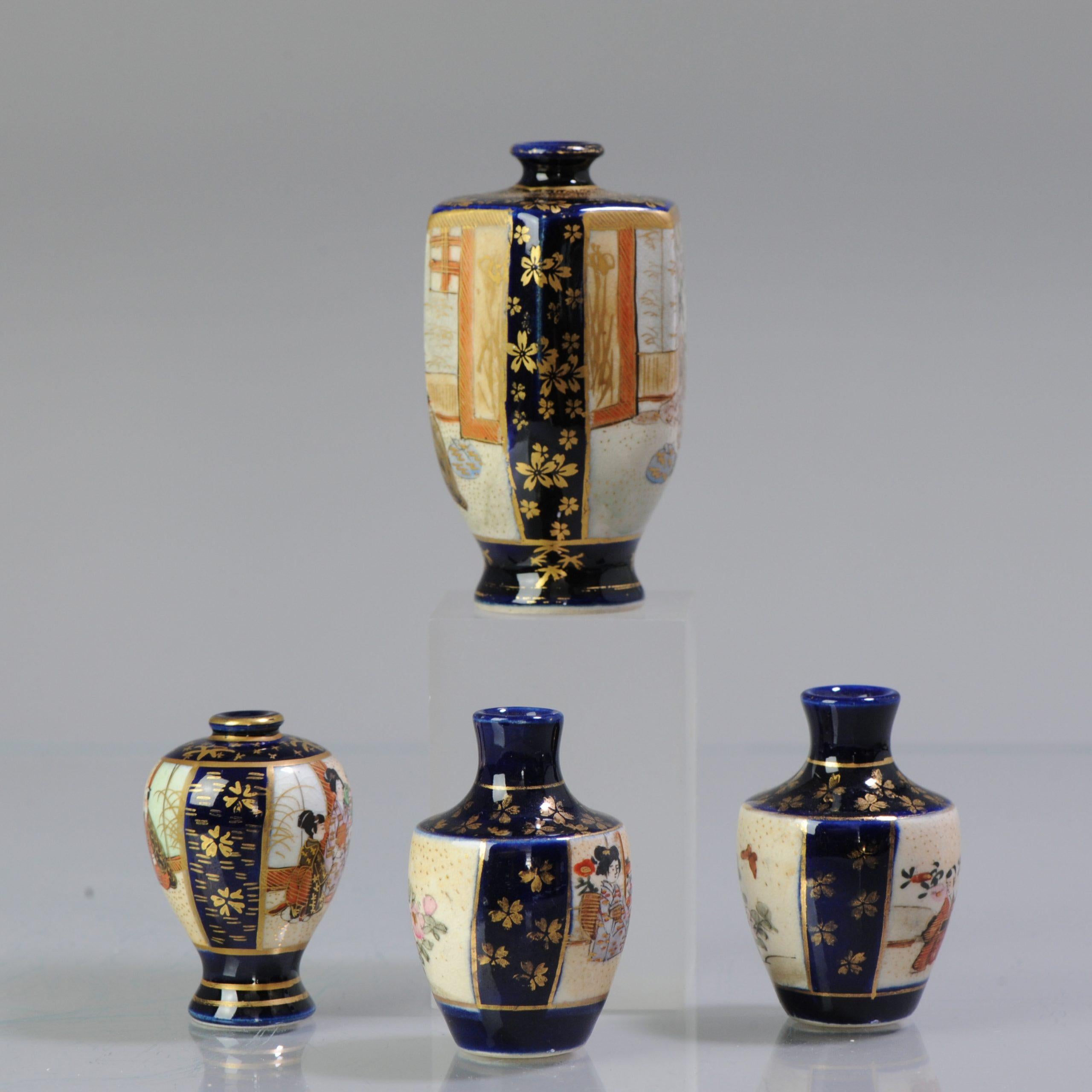 Porcelain Antique 19/20th C Japanese Kyo Satsuma Miniature Vases Japan Blue