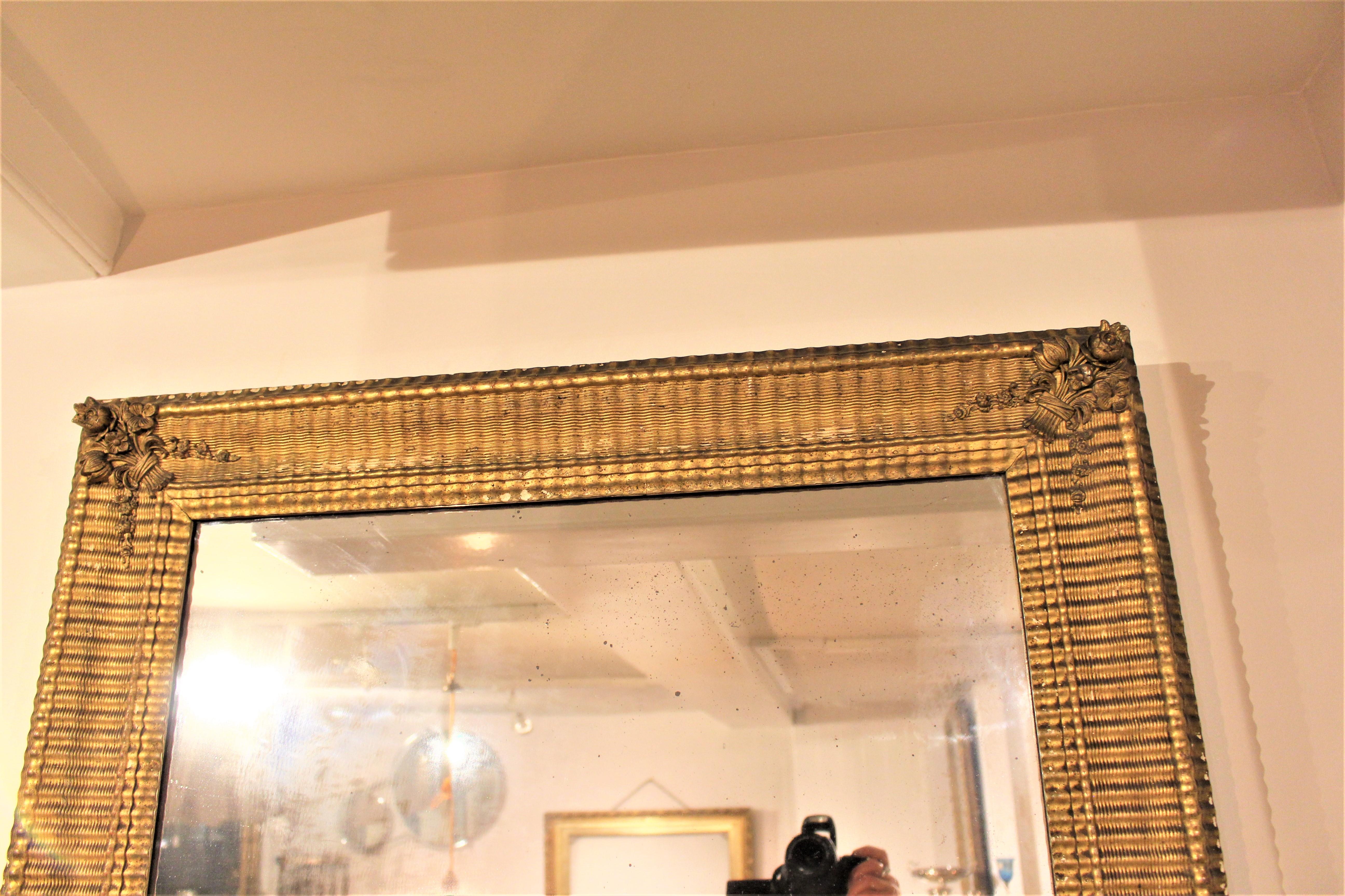 Rococo Antique 19 Century French Continental Gilt Overmental Wall Console Mirror Floral For Sale