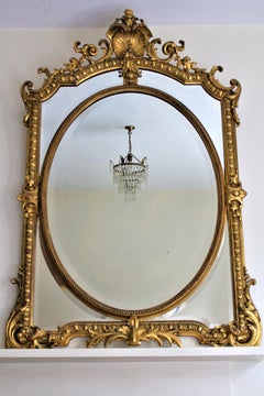 Antique Gold Leaf French Overmantel Parclose Beveled Mirror Cartouche