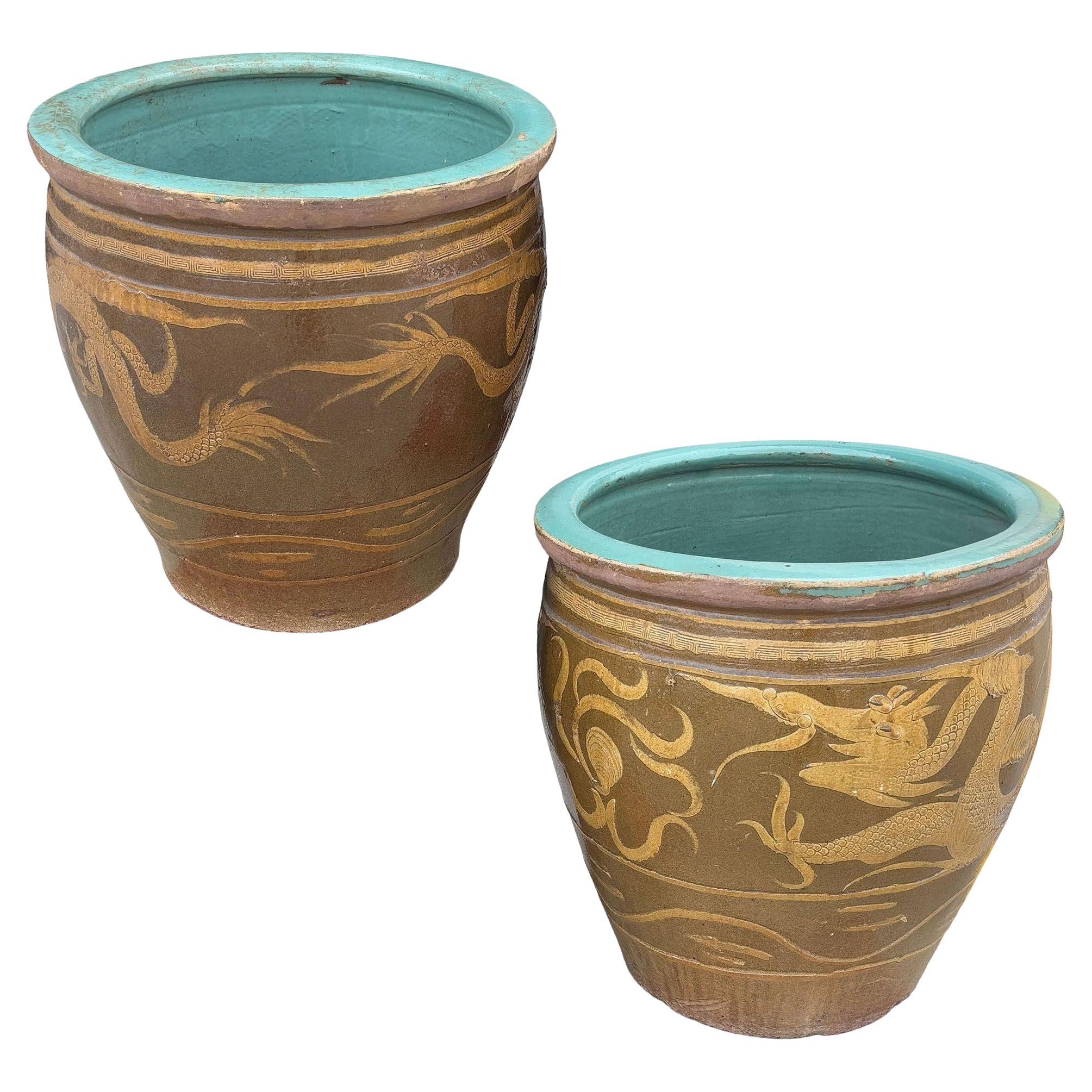 Antique 19" Chinese Century Egg Art Pottery Holder Jardinière Planter, Pair