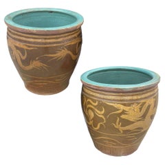 Antique 19" Chinese Century Egg Art Pottery Holder Jardinière Planter, Pair