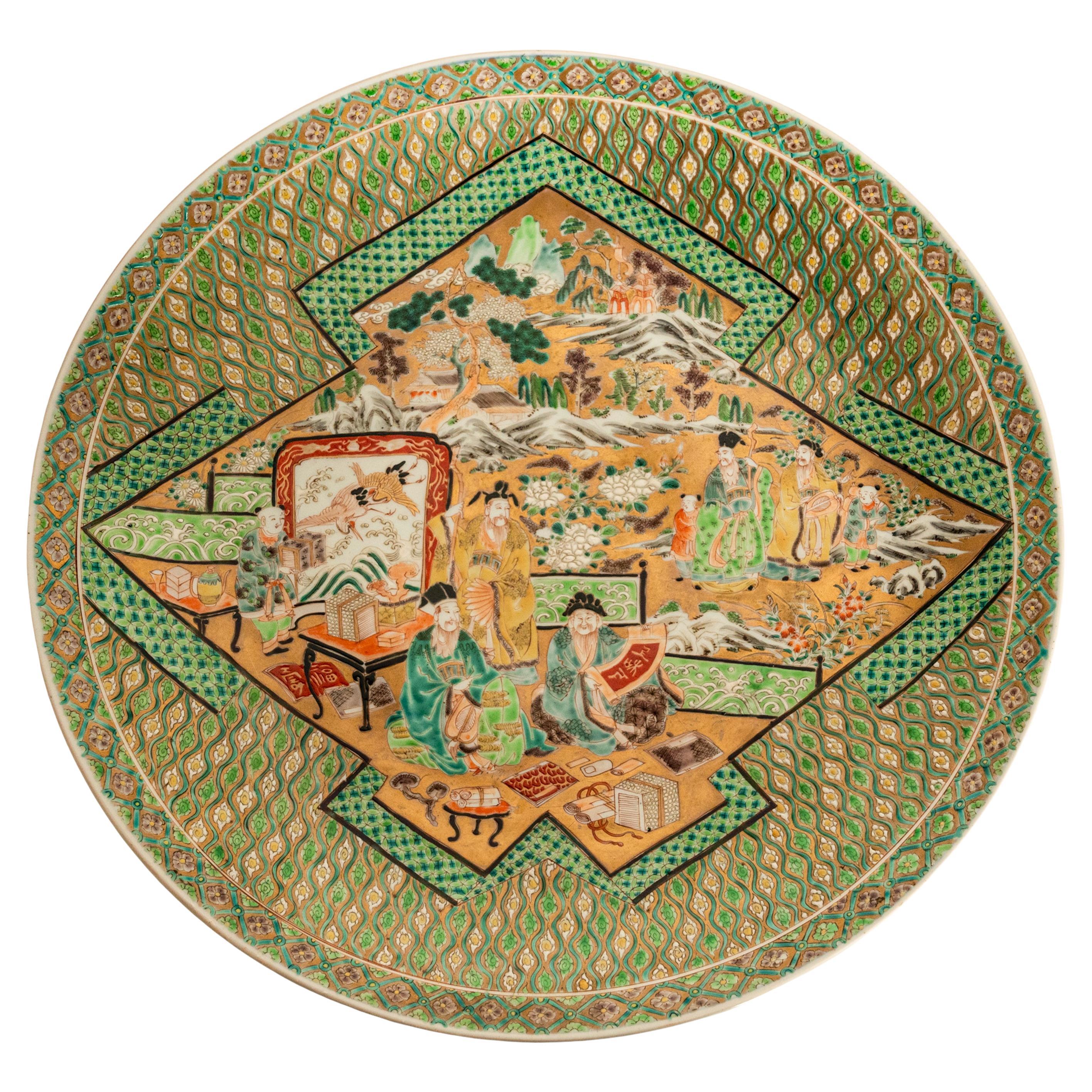 Antico caricatore in porcellana dorata Meiji Imari Porcelain da 19" Sei poeti immortali 1890