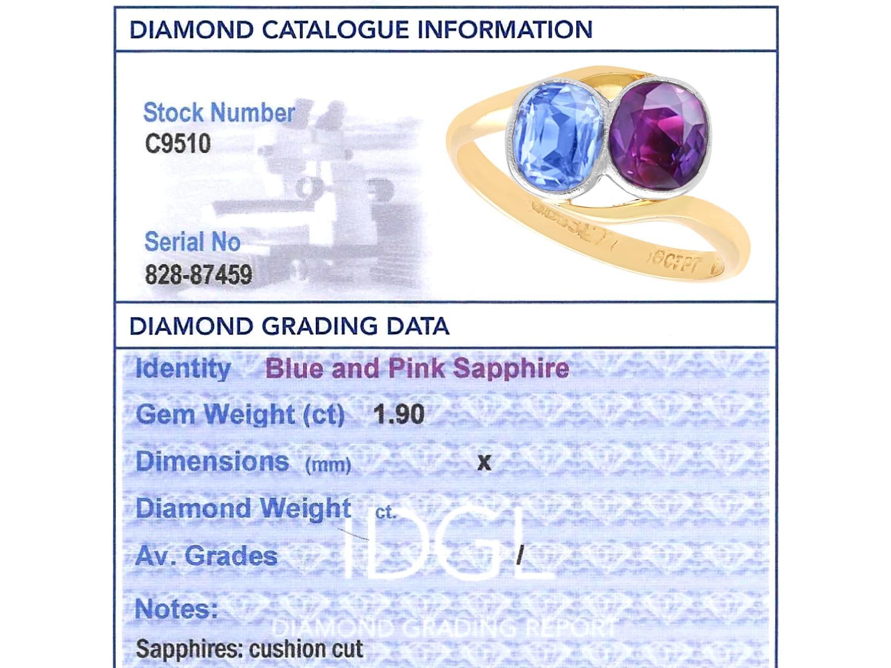 Ancienne bague torsadée en or jaune 18k de 1,90 carat de saphir rose et bleu Circa 1905 en vente 6