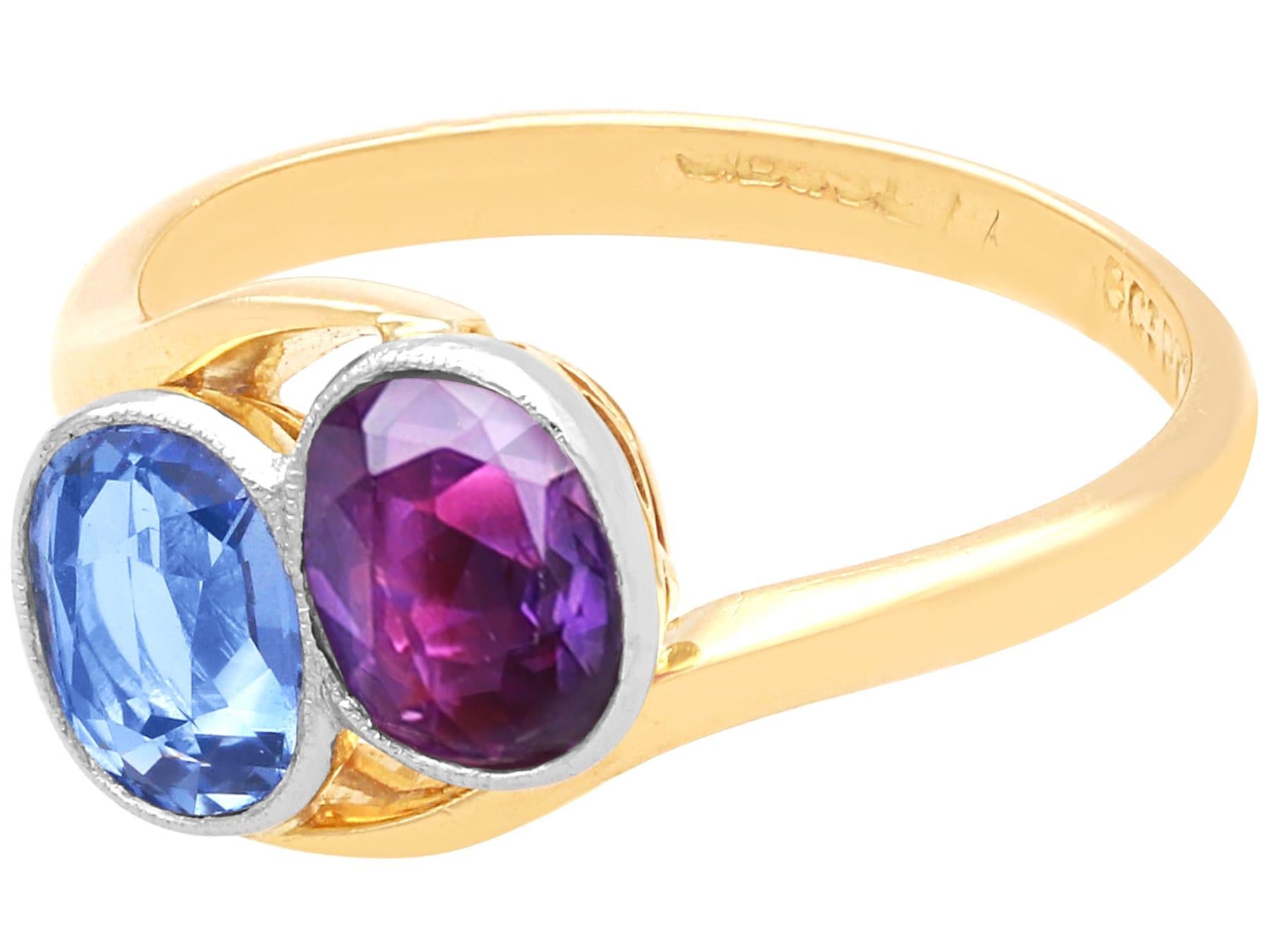 Ancienne bague torsadée en or jaune 18k de 1,90 carat de saphir rose et bleu Circa 1905 en vente 2