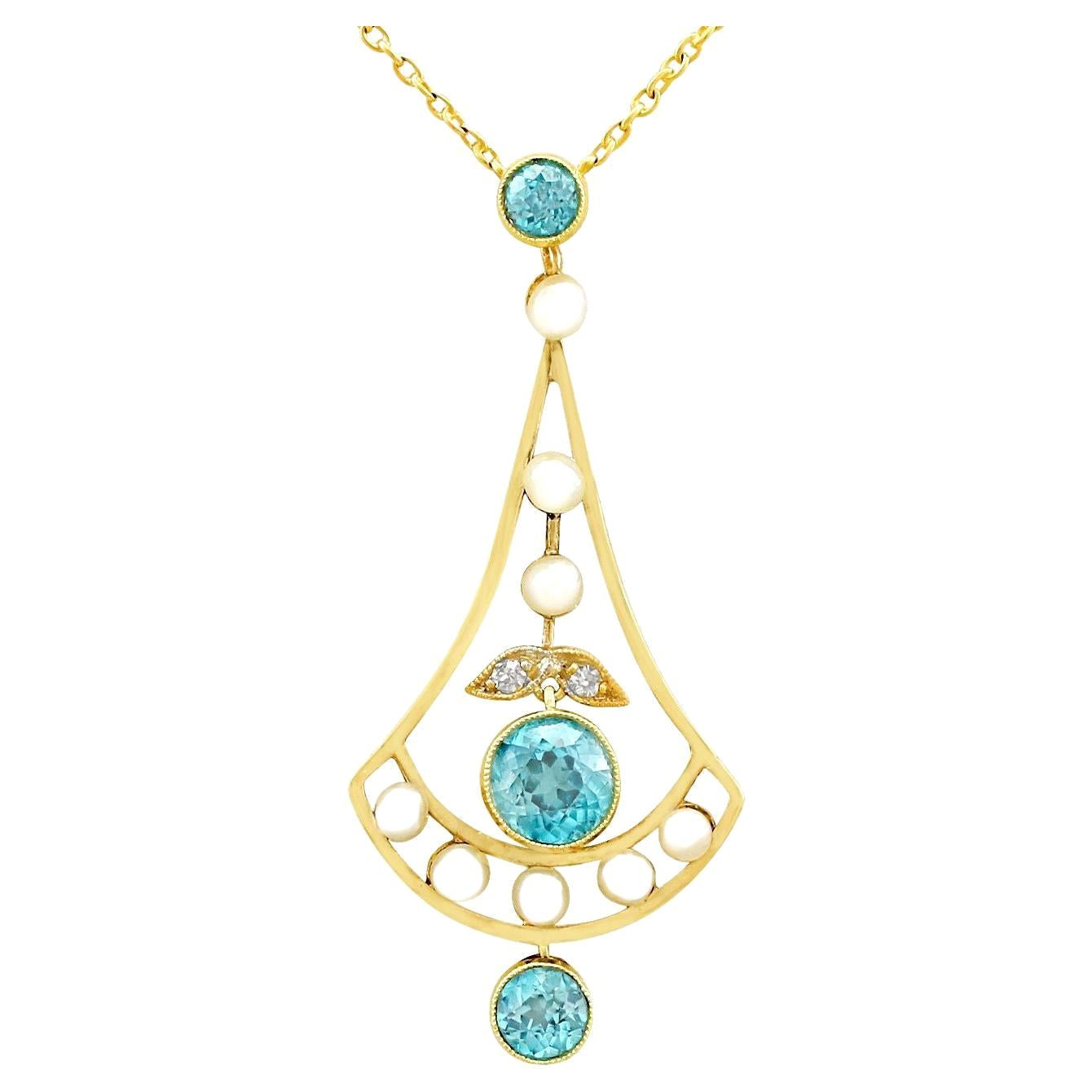Antike Halskette aus Gelbgold mit 1,90 Karat Zirkon und Diamant Perle