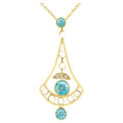 Collana antica in oro giallo e perle con zircone e diamante da 1,90 carati