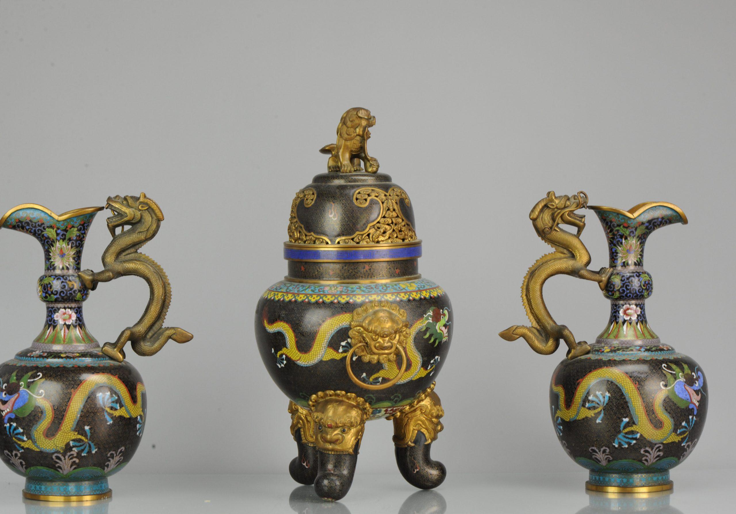 Antique 1900-1930 cloisonné incense burner and jug garniture antique China Chinese
main product image


An interesting an nicely made incense burner and two jugs. Huge size. Lovely decoration.

 An interesting an nicely made incense burner. Lovely