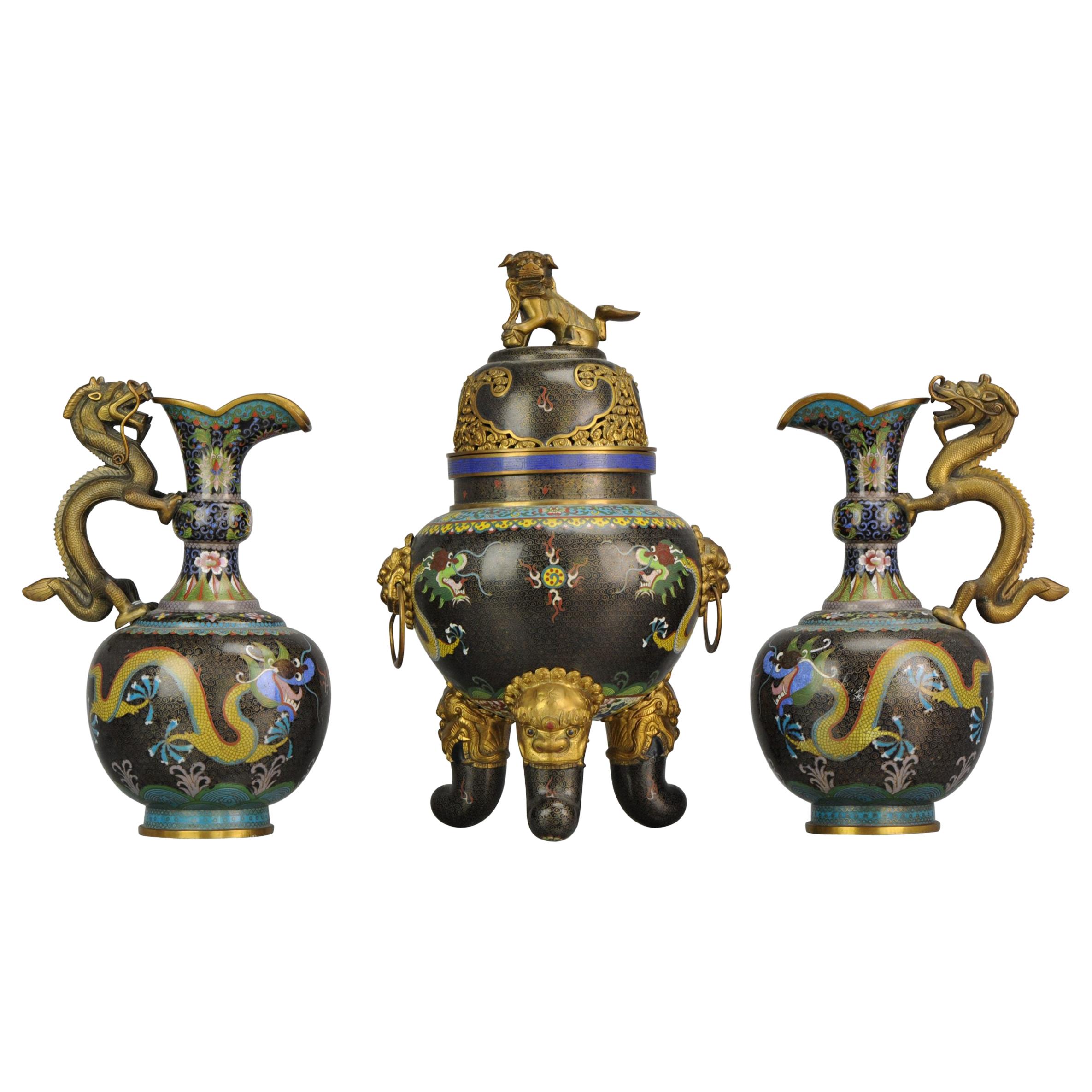 Antique 1900-1930 Cloisonné Incense Burner and Jug Garniture Antique China For Sale