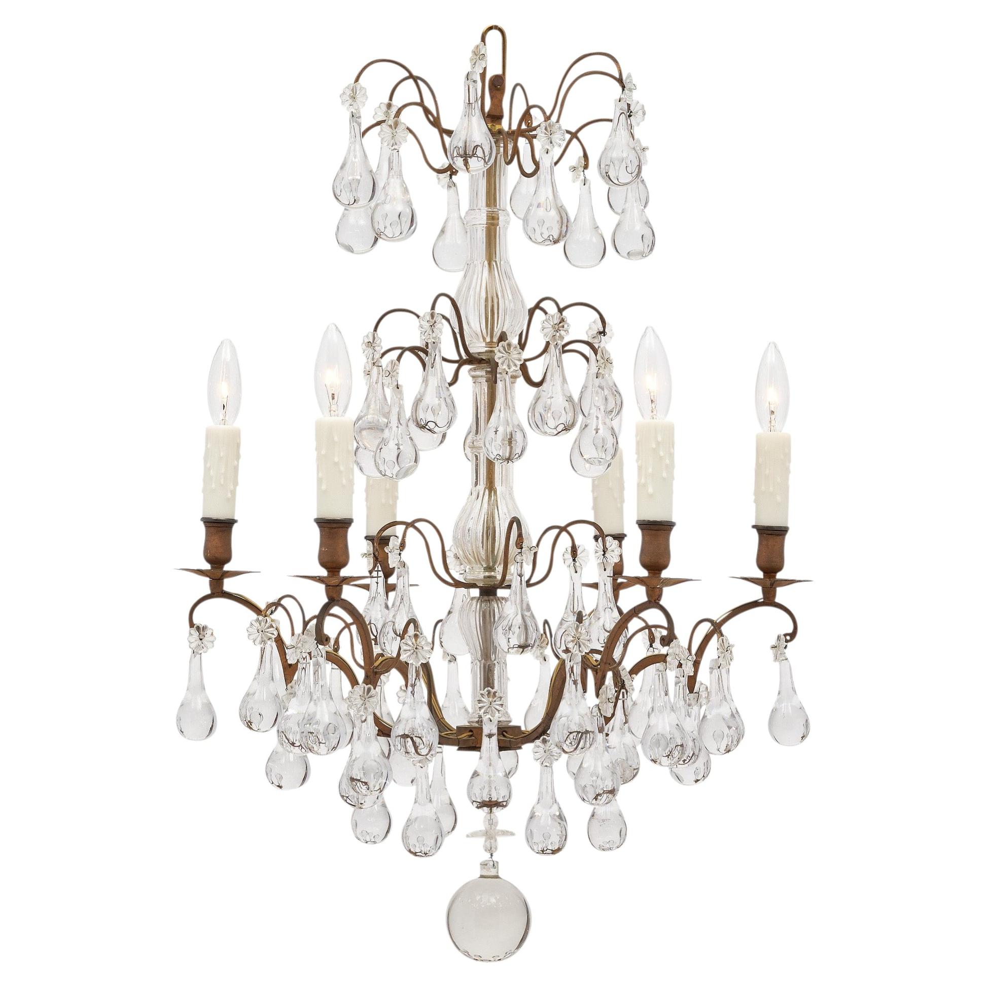 Antique 1900 French Louis XVI Chandelier, Iron & Crystal Design