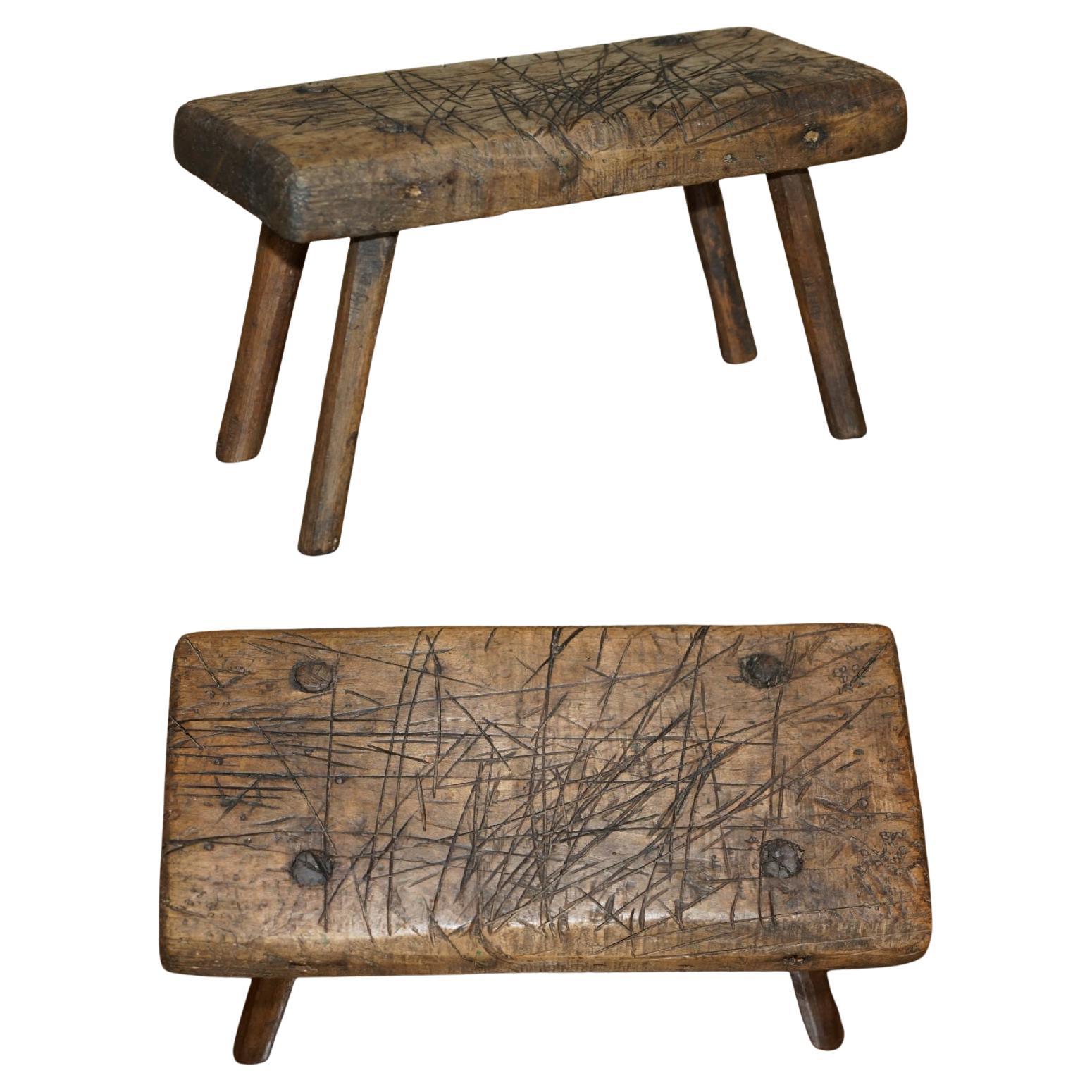 ancien tabouret de laiterie 1900 utilisé comme table de coupe d'atelier ou de garage en vente