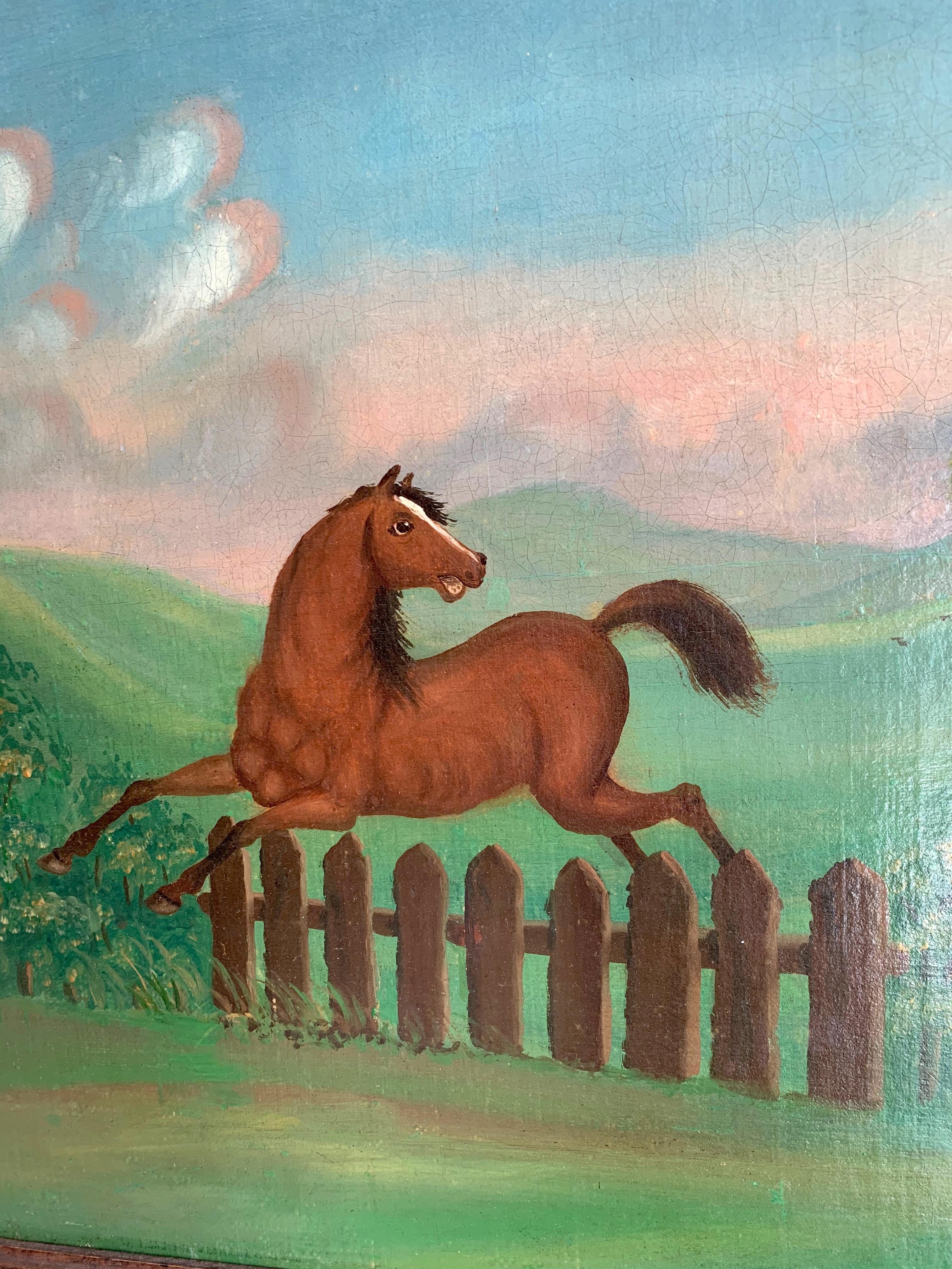 Lovely and bright oil painting of a horse jumping over a gutter. In the background we see a lovely hilly landscape, lively colorful clouds and a hunter aiming a rifle.