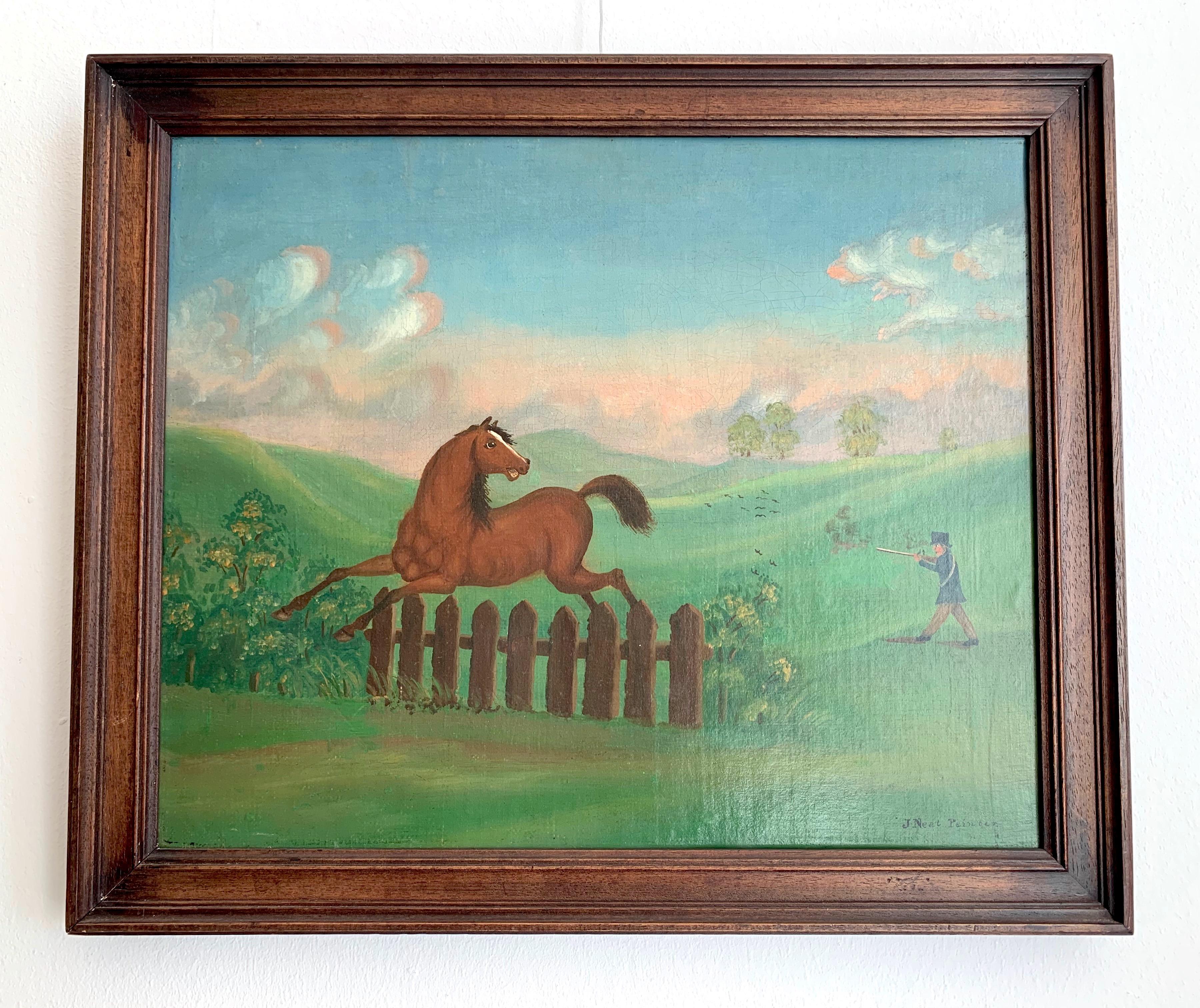 Antique 1900 Oil Painting of a Horse and a Hunter in Landscape Signed J.Neat In Good Condition For Sale In Munich, DE