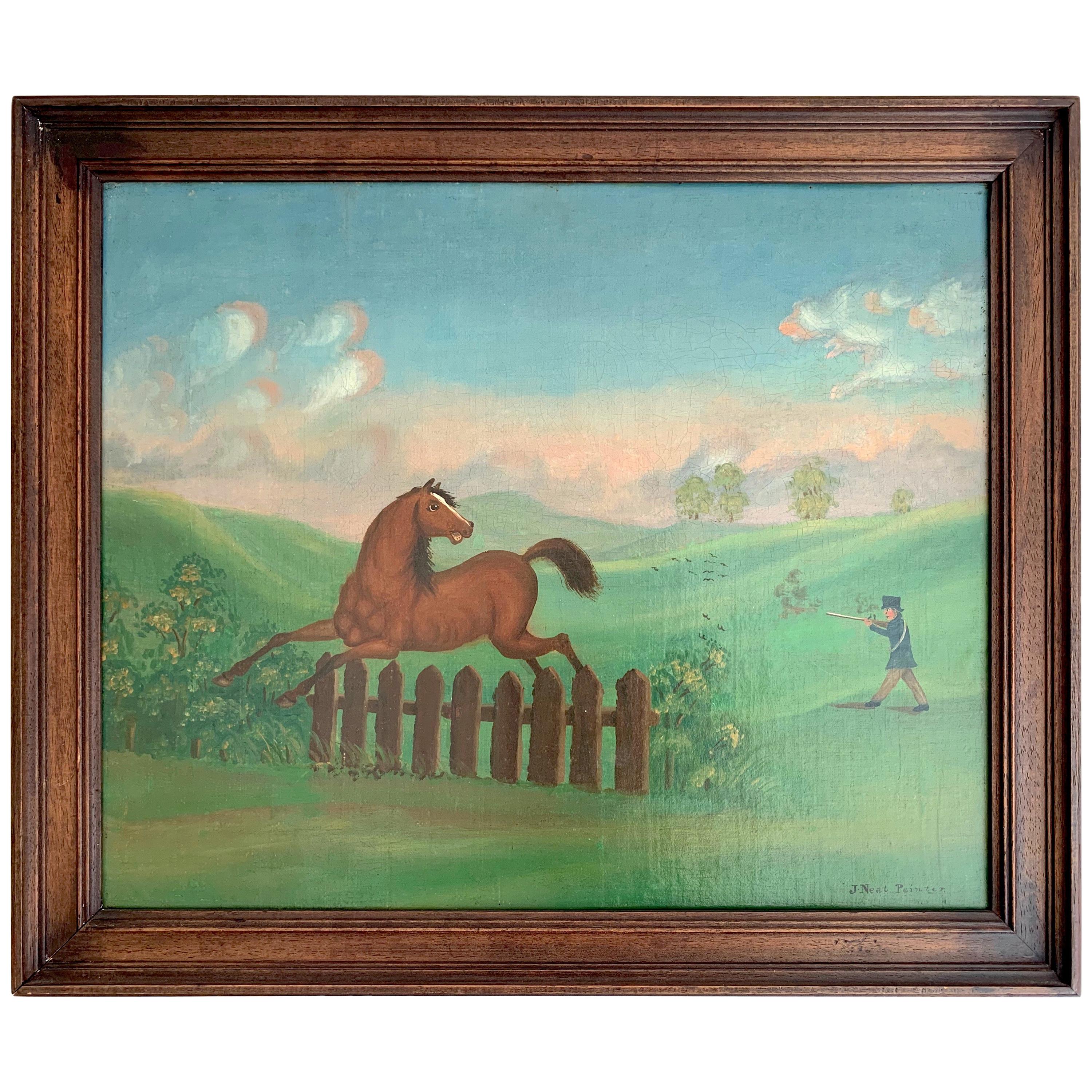Antique 1900 Oil Painting of a Horse and a Hunter in Landscape Signed J.Neat