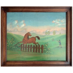 Peinture à l'huile ancienne de 1900 représentant un cheval et un chasseur dans un paysage signée J.Neat