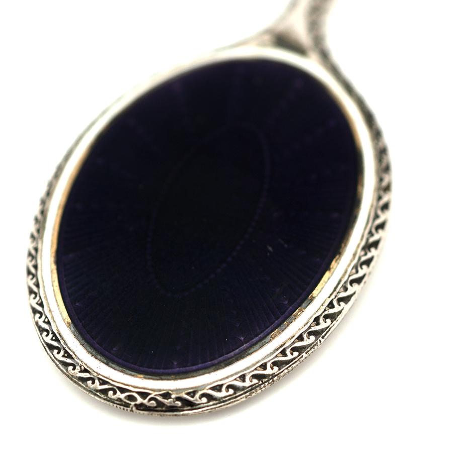 Edoardiano Antique 1900 Purple Guilloché Enamel Silver Chatelaine Mirror Necklace in vendita
