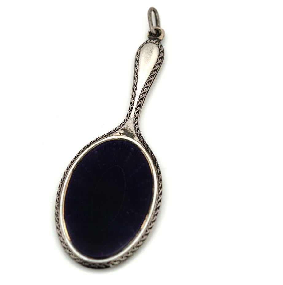 Antique 1900 Purple Guilloché Enamel Silver Chatelaine Mirror Necklace In condizioni buone in vendita a London, GB