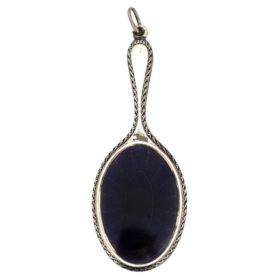 Antique 1900 Purple Guilloché Enamel Silver Chatelaine Mirror Necklace