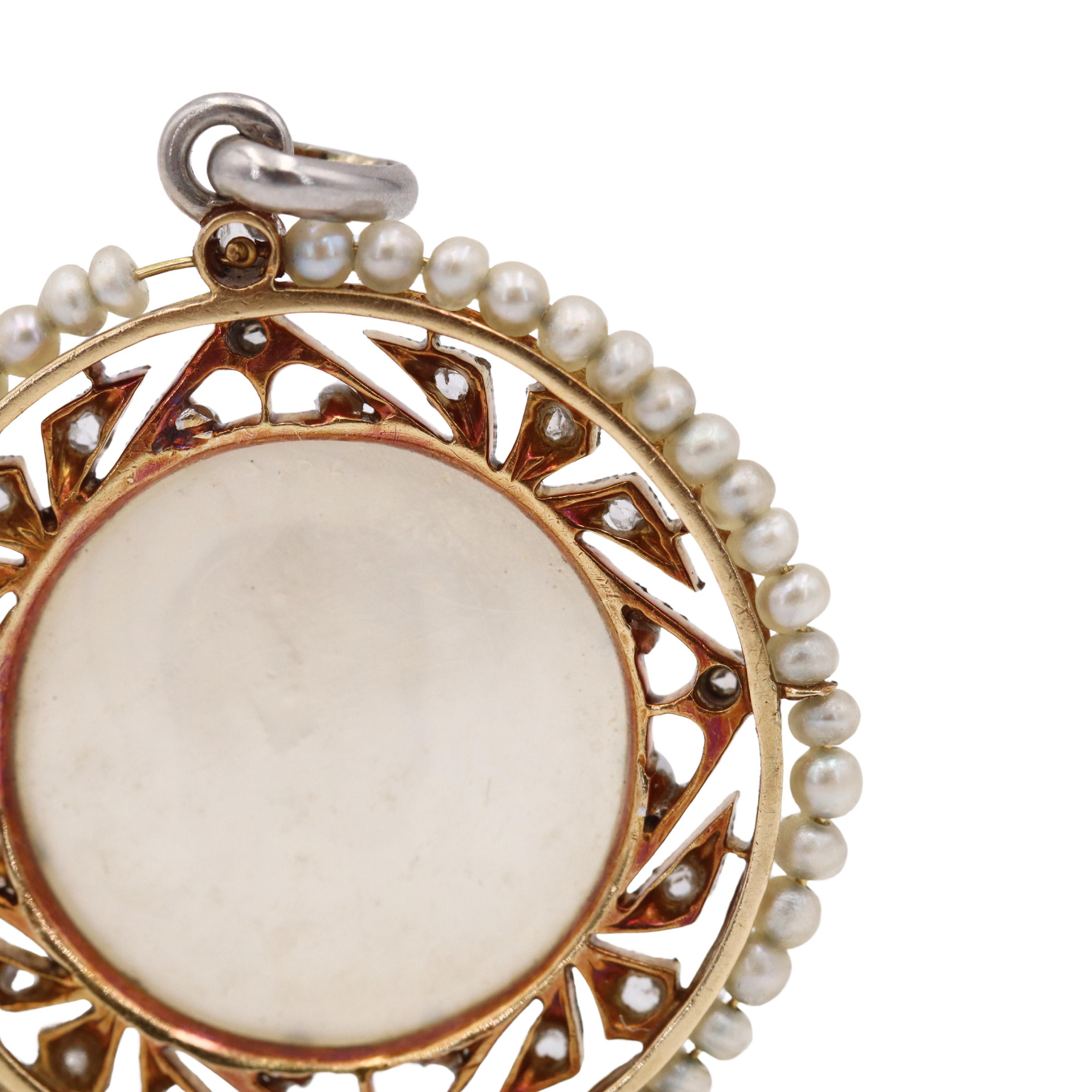 da uomo o donna Antico pendente religioso in oro 18kt del 1900 con madreperla, diamanti e perle in vendita
