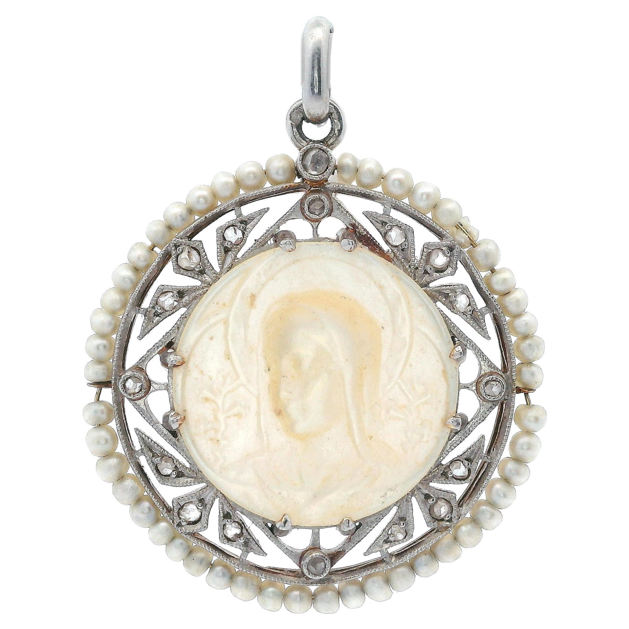 Antique 1900 Religious 18kt Gold Pendant with Nacre, Diamonds and Pearls